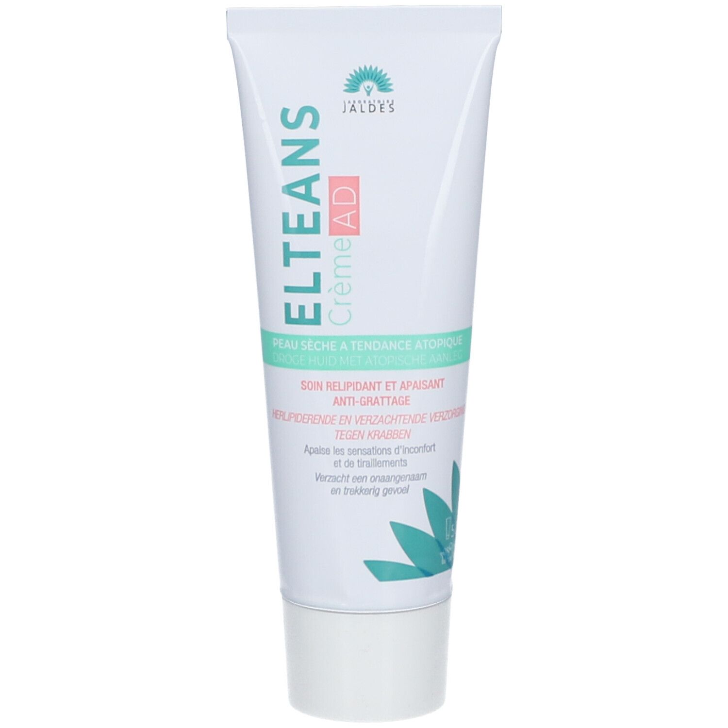 Tube de crème avec nom et logo du produit. Texte vert et rouge. Fond blanc.