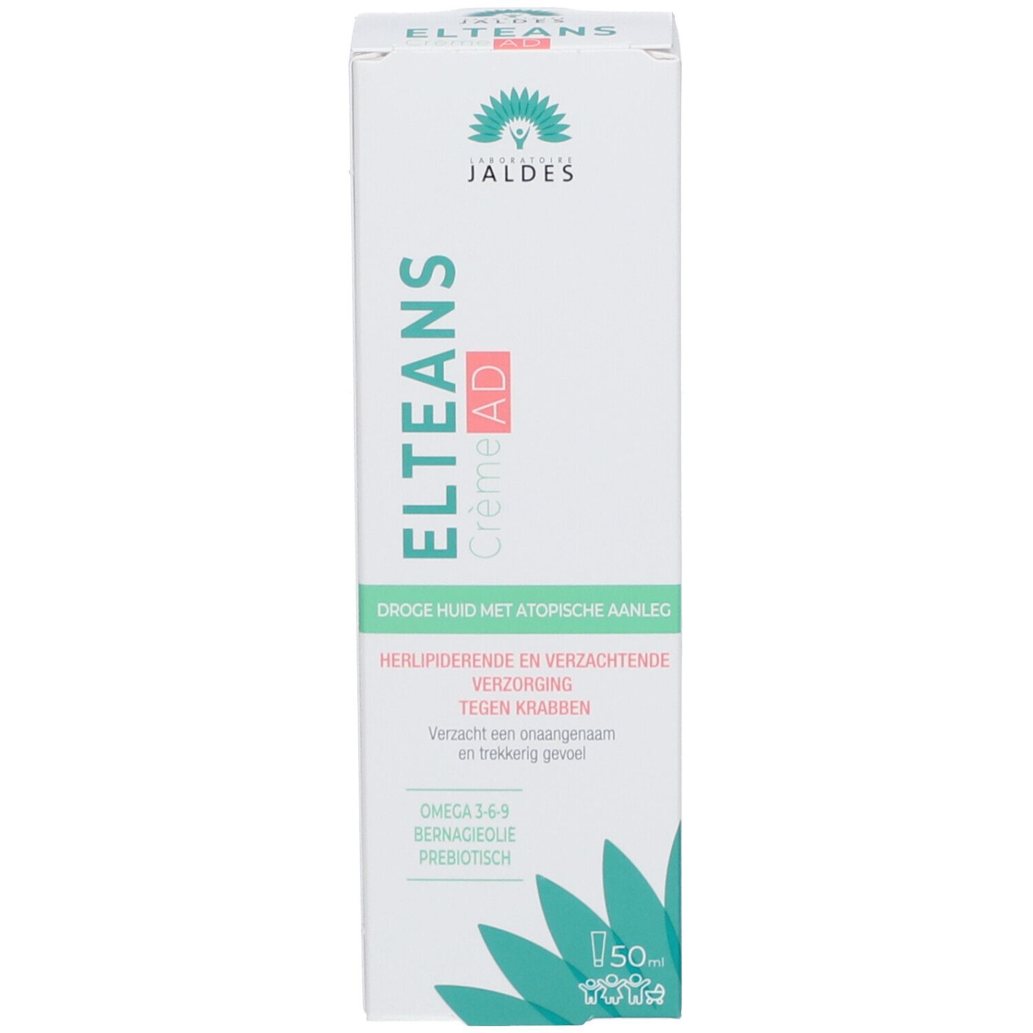Boîte de produit avec nom et logo. Texte vert et rouge. Fond blanc.