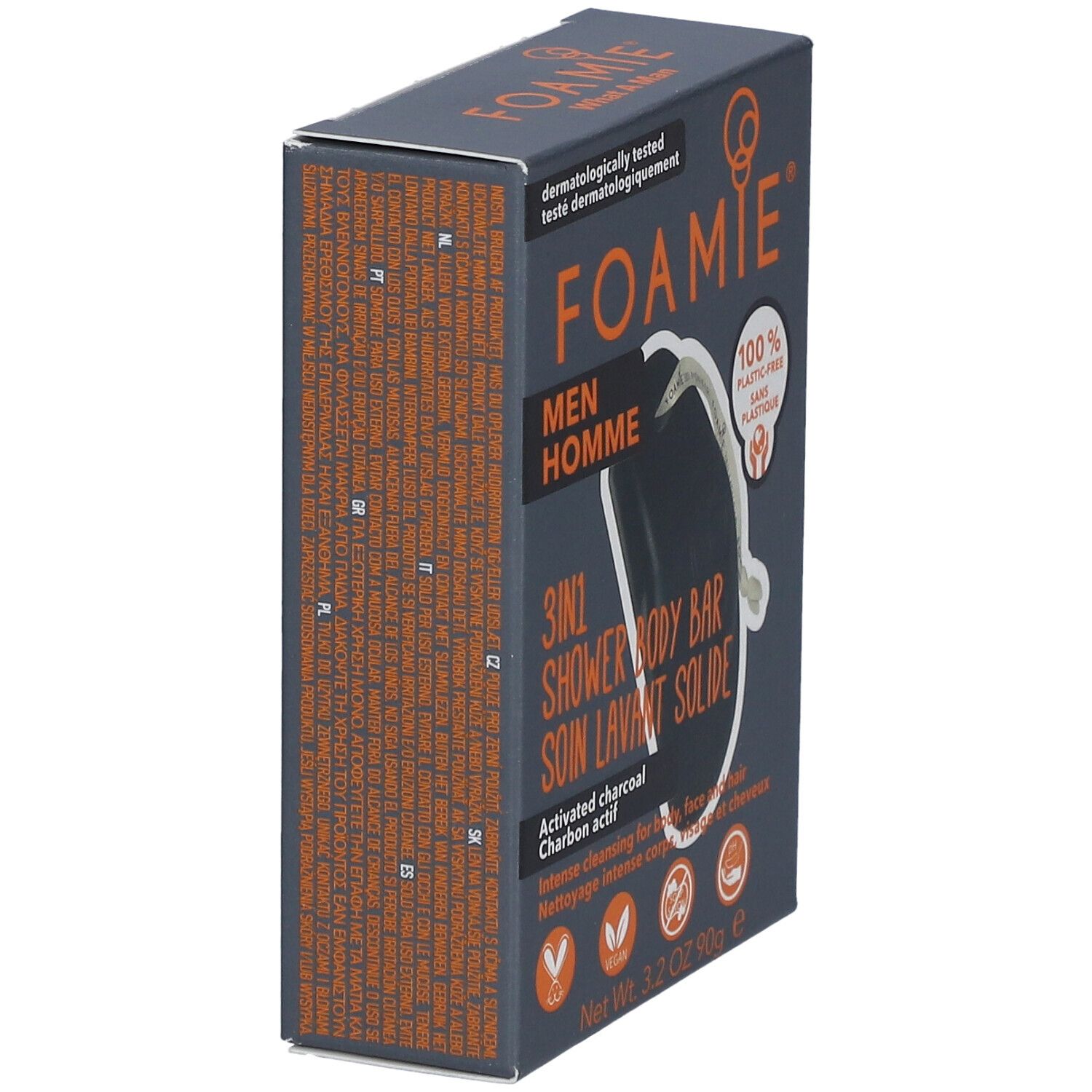 Emballage FOAMIE®, gris foncé. Contient des informations sur le produit. Texte : "3IN1 SHOWER BODY BAR".