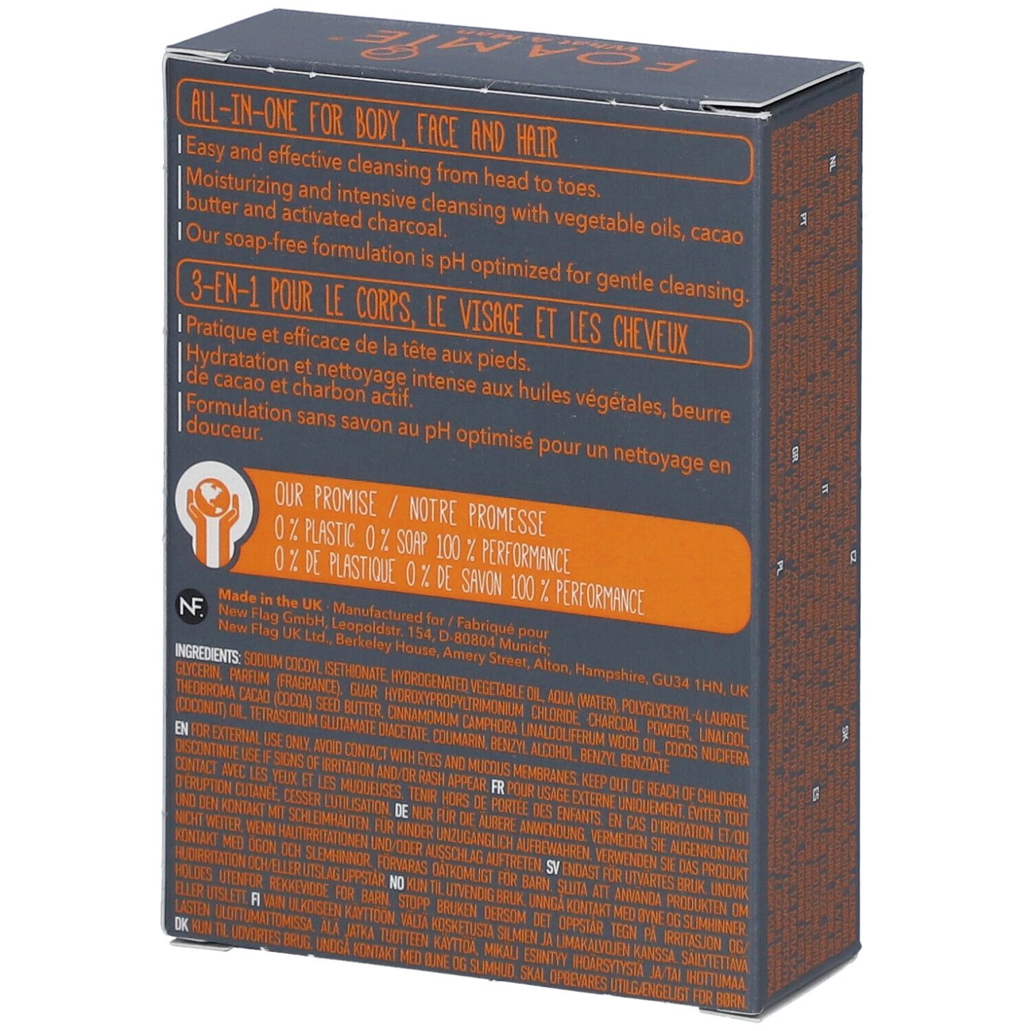 Dos de l'emballage FOAMIE®. Texte : "3-EN-1 POUR LE CORPS, LE VISAGE ET LES CHEVEUX". Ingrédients.