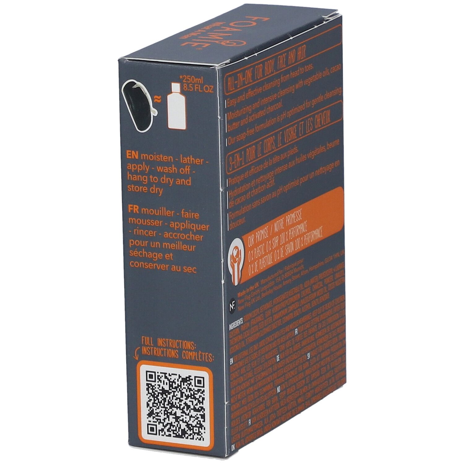 Côté de l'emballage FOAMIE®. Instructions en anglais et en français. Code QR.