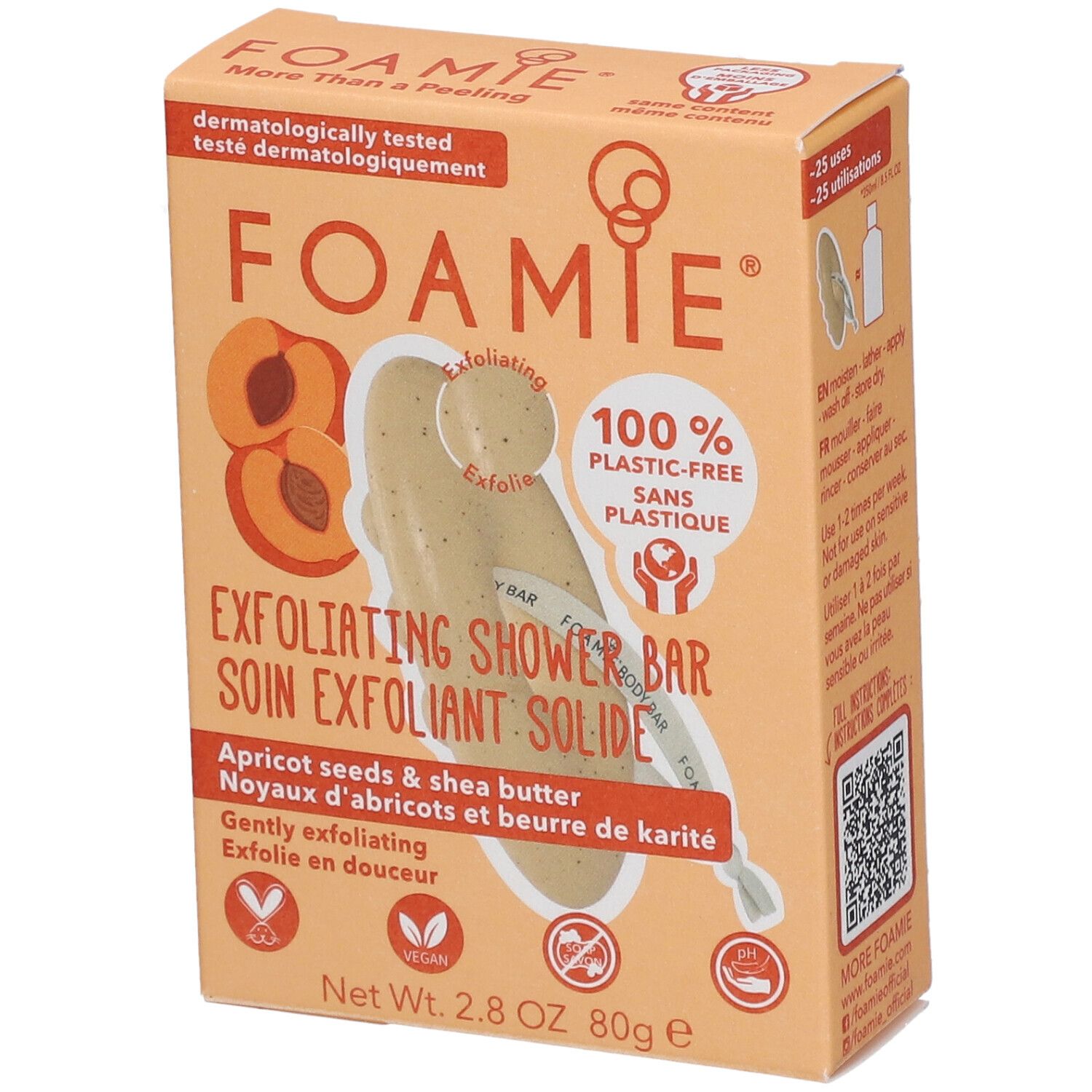 Emballage de barre de douche exfoliante solide. Marque FOAMIE. Ingrédients: noyaux d'abricots & beurre de karité, vegan, 100% sans plastique.