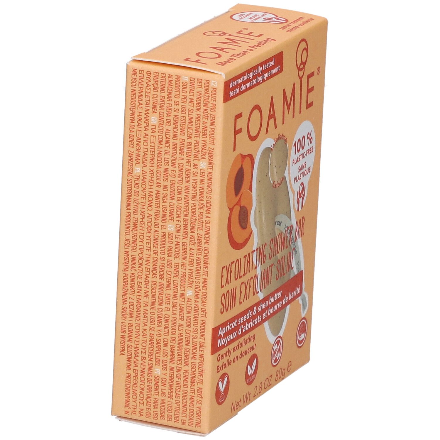 Emballage de barre de douche exfoliante solide. Marque FOAMIE. Texte sur le côté. 100% sans plastique. Testé dermatologiquement.