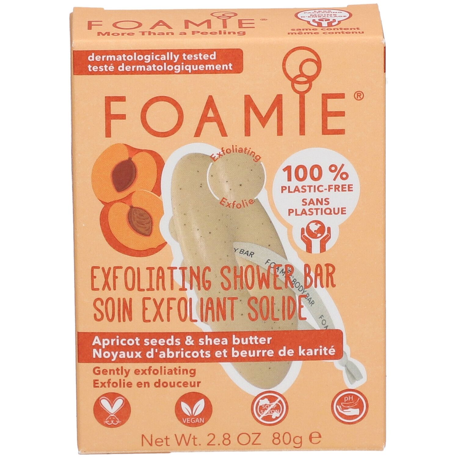 Emballage de barre de douche exfoliante solide. Marque FOAMIE. Ingrédients: noyaux d'abricots & beurre de karité, vegan, 100% sans plastique.