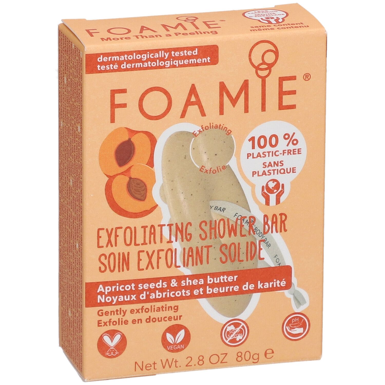 Emballage de barre de douche exfoliante solide. Marque FOAMIE. Ingrédients: noyaux d'abricots & beurre de karité, vegan, 100% sans plastique.