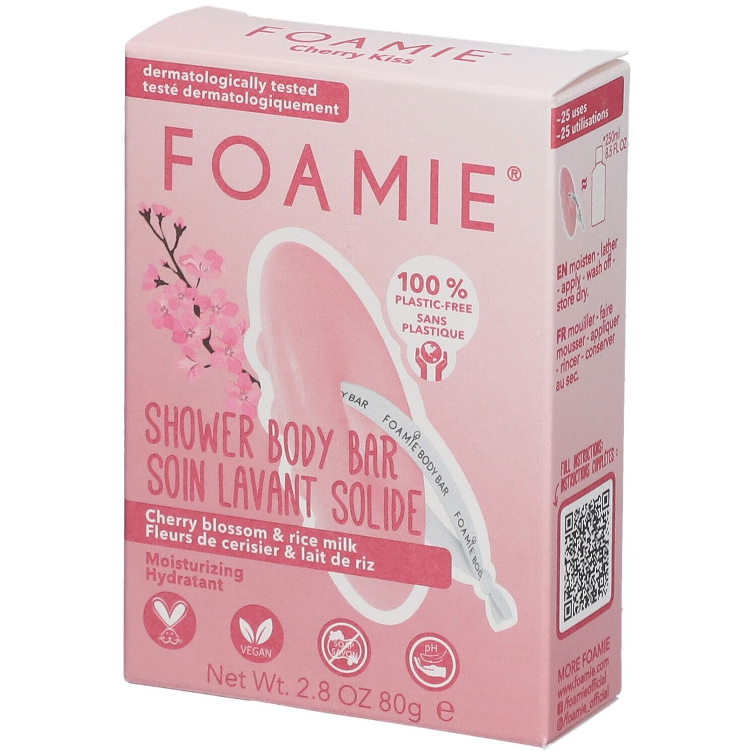 Roze kartonnen verpakking met FOAMIE-logo, productnaam en ingrediënten. Bevat een vaste douchegel. Veganistisch en dermatologisch getest.
