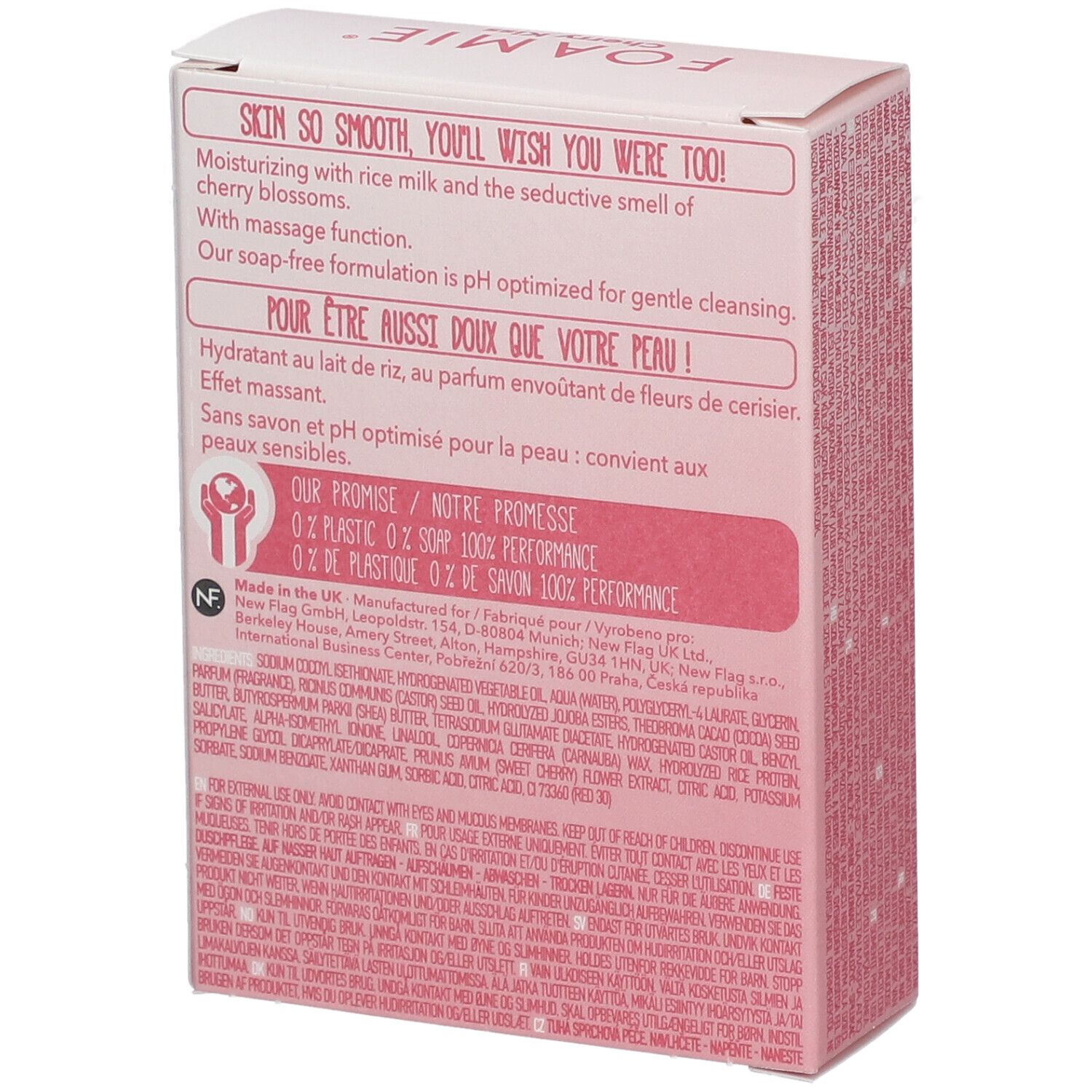 Achterkant van de roze kartonnen verpakking met tekst. Bevat informatie over het product, ingrediënten en fabrikant. pH-geoptimaliseerd.