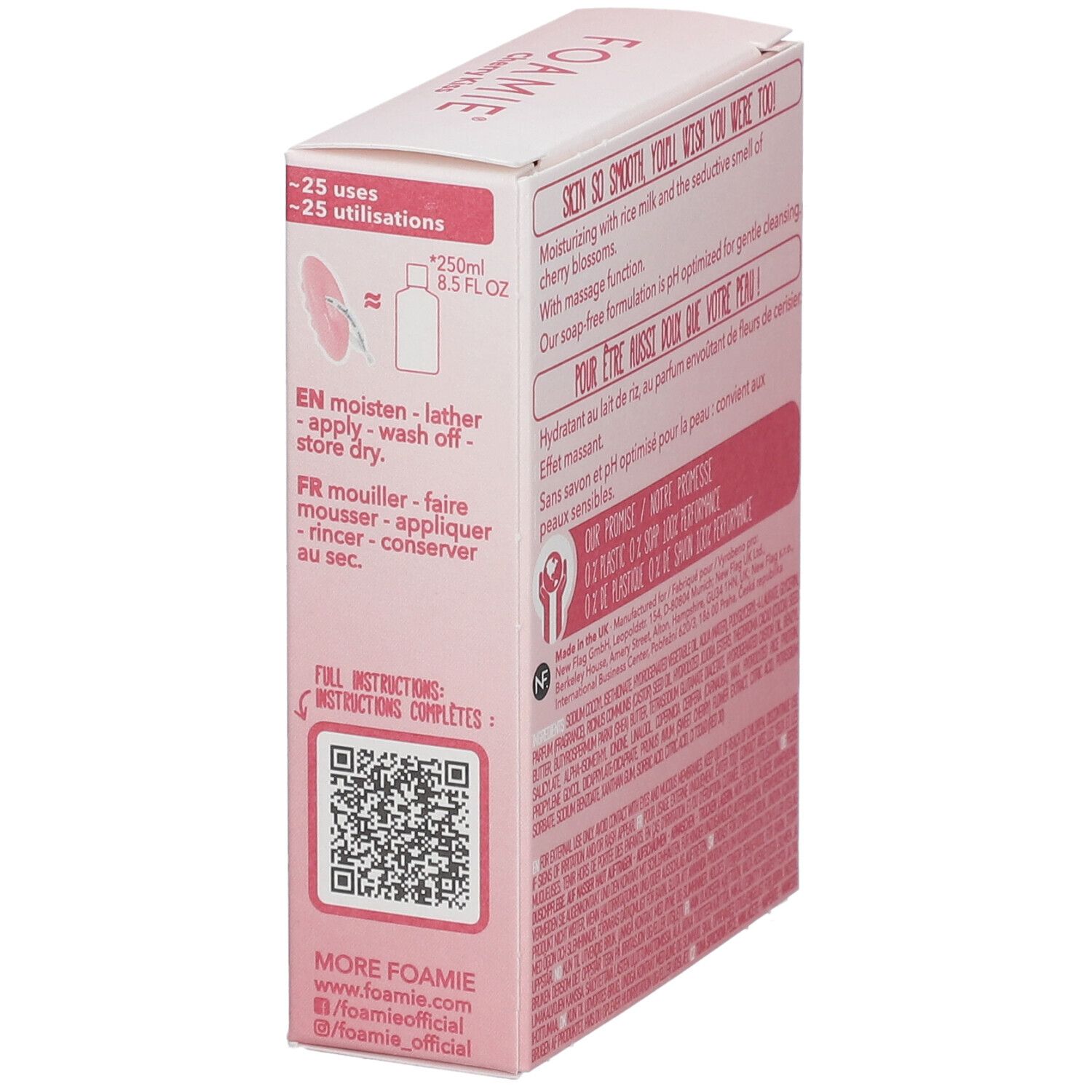 Zijkant van de roze kartonnen verpakking met tekst en QR-code. Bevat informatie over gebruik en contactgegevens. 25 toepassingen.