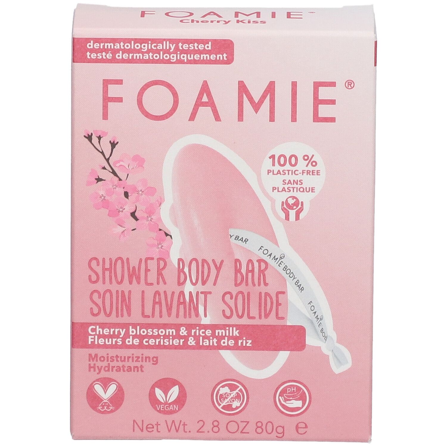 Roze kartonnen verpakking met FOAMIE-logo, productnaam en ingrediënten. Bevat een vaste douchegel. Veganistisch en dermatologisch getest.