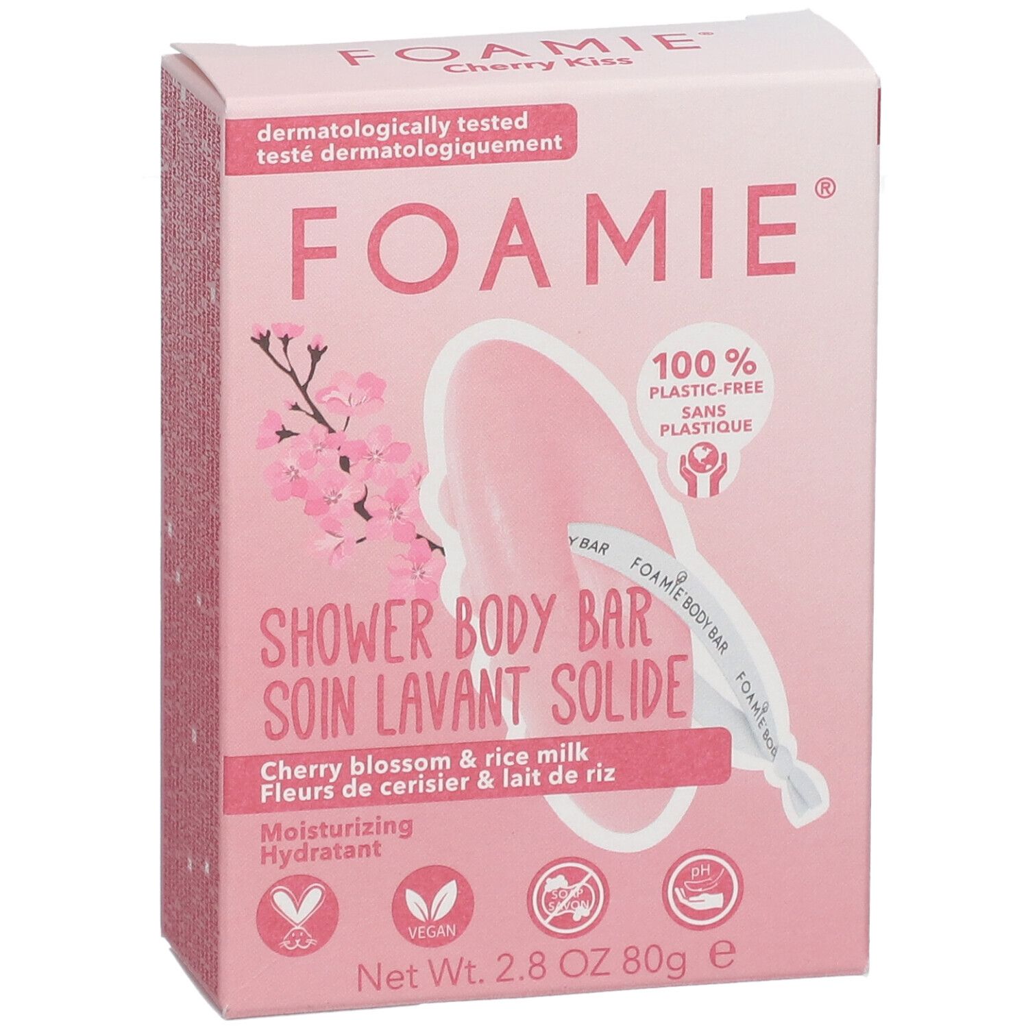 Roze kartonnen verpakking met FOAMIE-logo, productnaam en ingrediënten. Bevat een vaste douchegel. Veganistisch en dermatologisch getest.