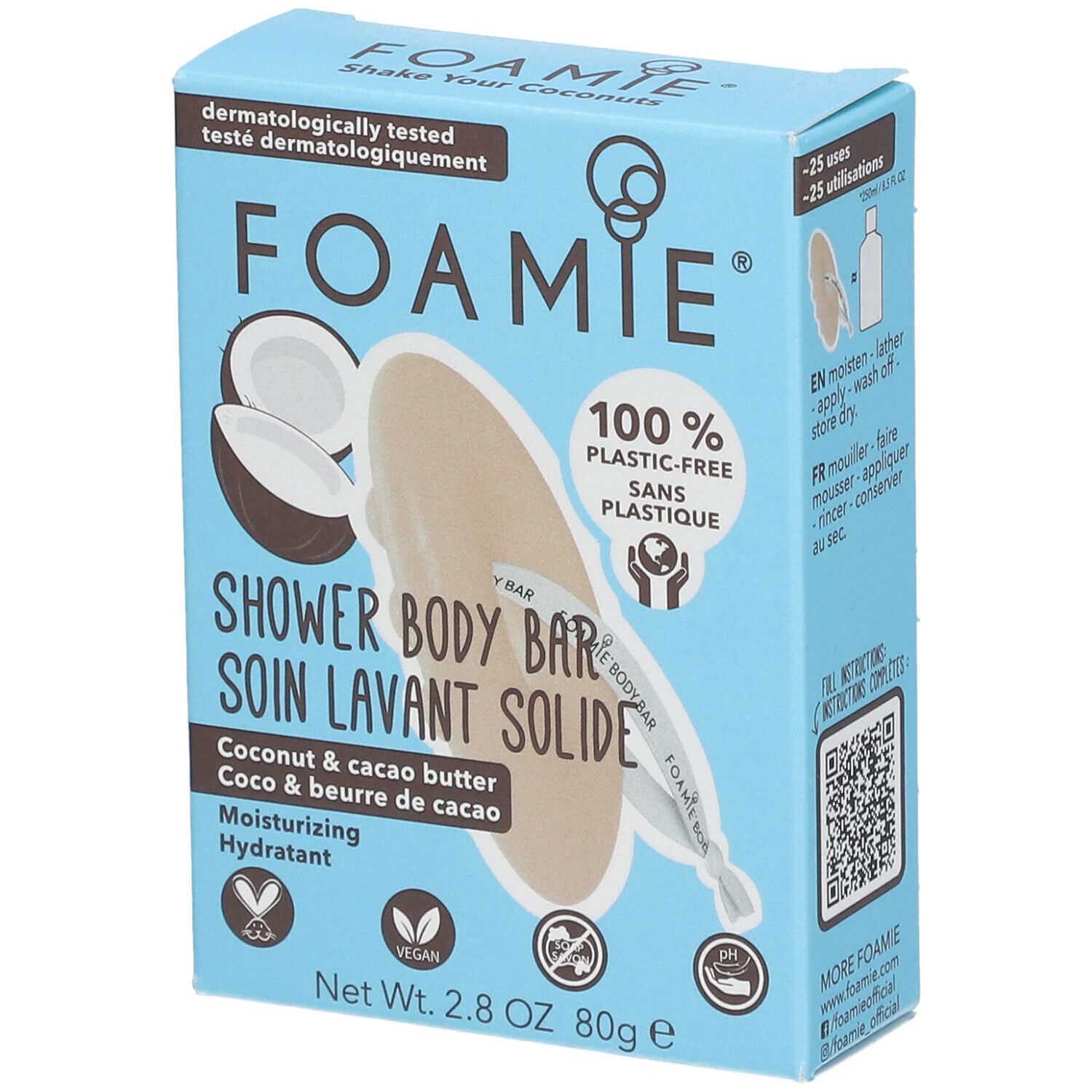 Hellblaue Schachtel mit Produktinformationen. Aufschrift: FOAMIE, SHOWER BODY BAR, Kokosnuss & Kakaobutter. Vegan-Logo.