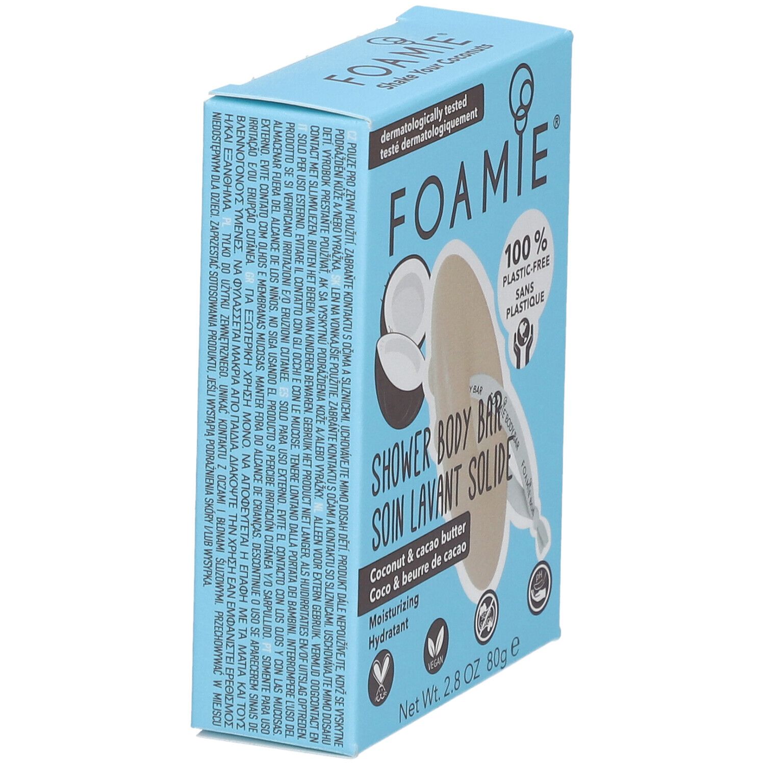 Hellblaue Schachtel, seitliche Ansicht. Aufschrift: FOAMIE, SHOWER BODY BAR, Kokosnuss & Kakaobutter. Text in mehreren Sprachen.