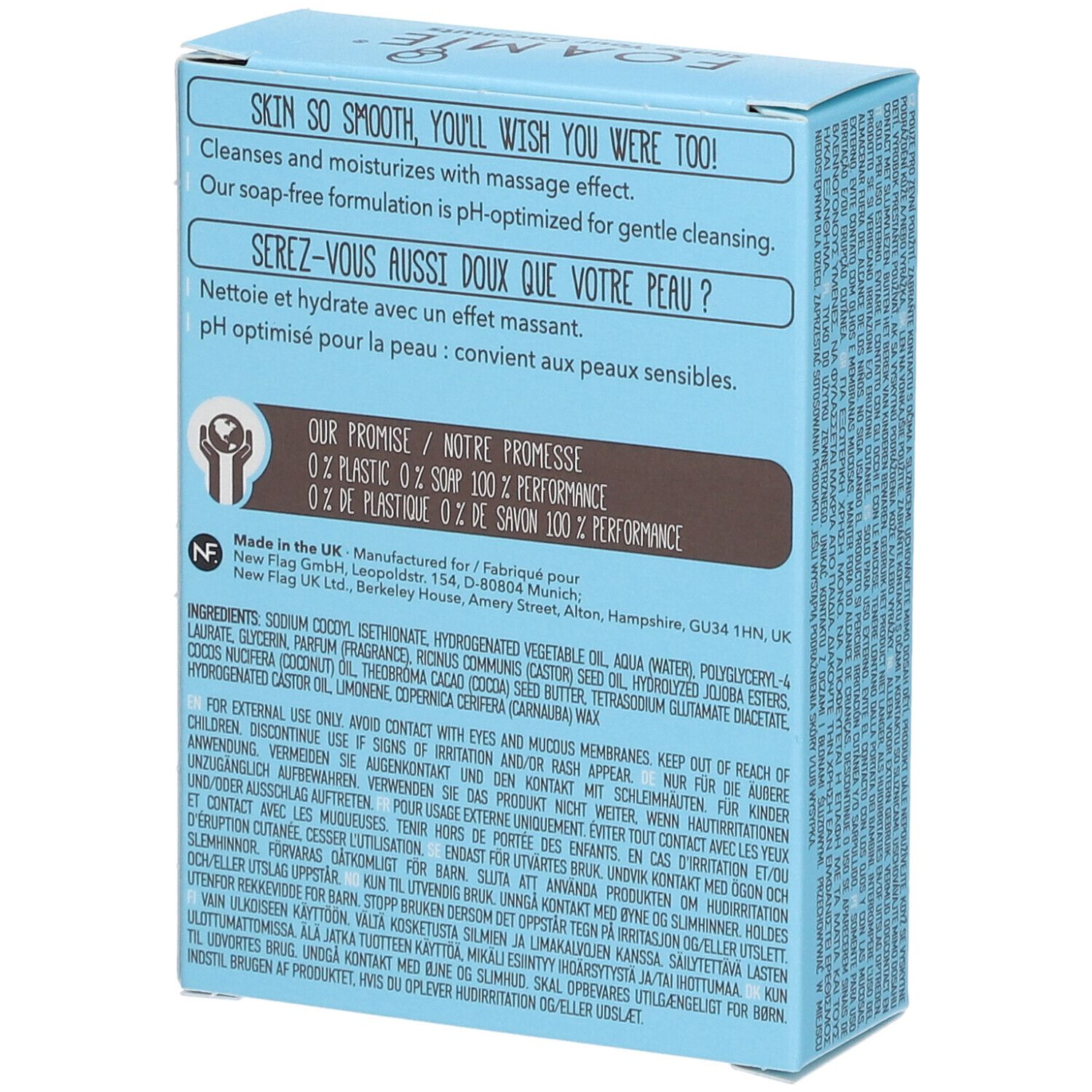 Rückseite einer hellblauen Schachtel. Text in mehreren Sprachen. Enthält Inhaltsstoffe und Herstellerinformationen.