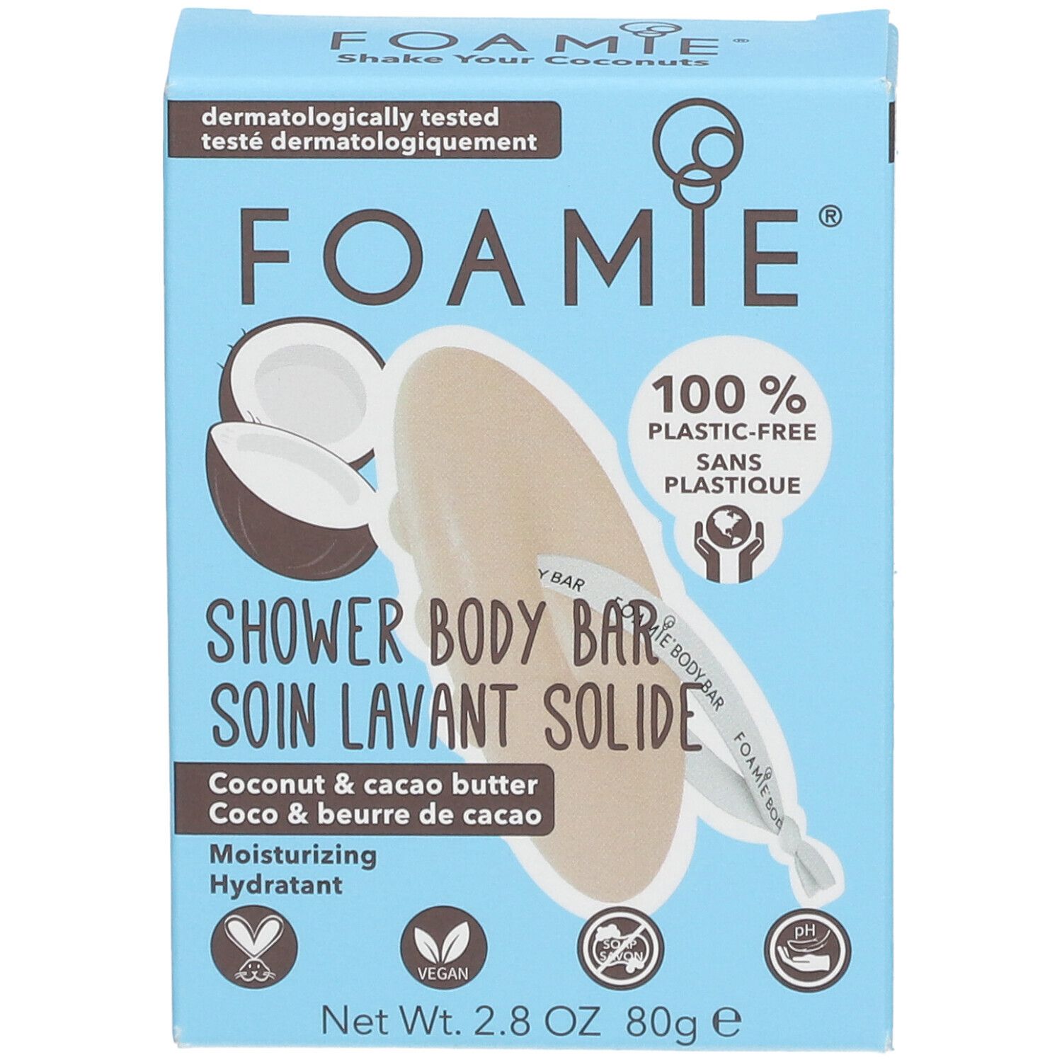 Hellblaue Schachtel mit Produktinformationen. Aufschrift: FOAMIE, SHOWER BODY BAR, Kokosnuss & Kakaobutter. Vegan-Logo.