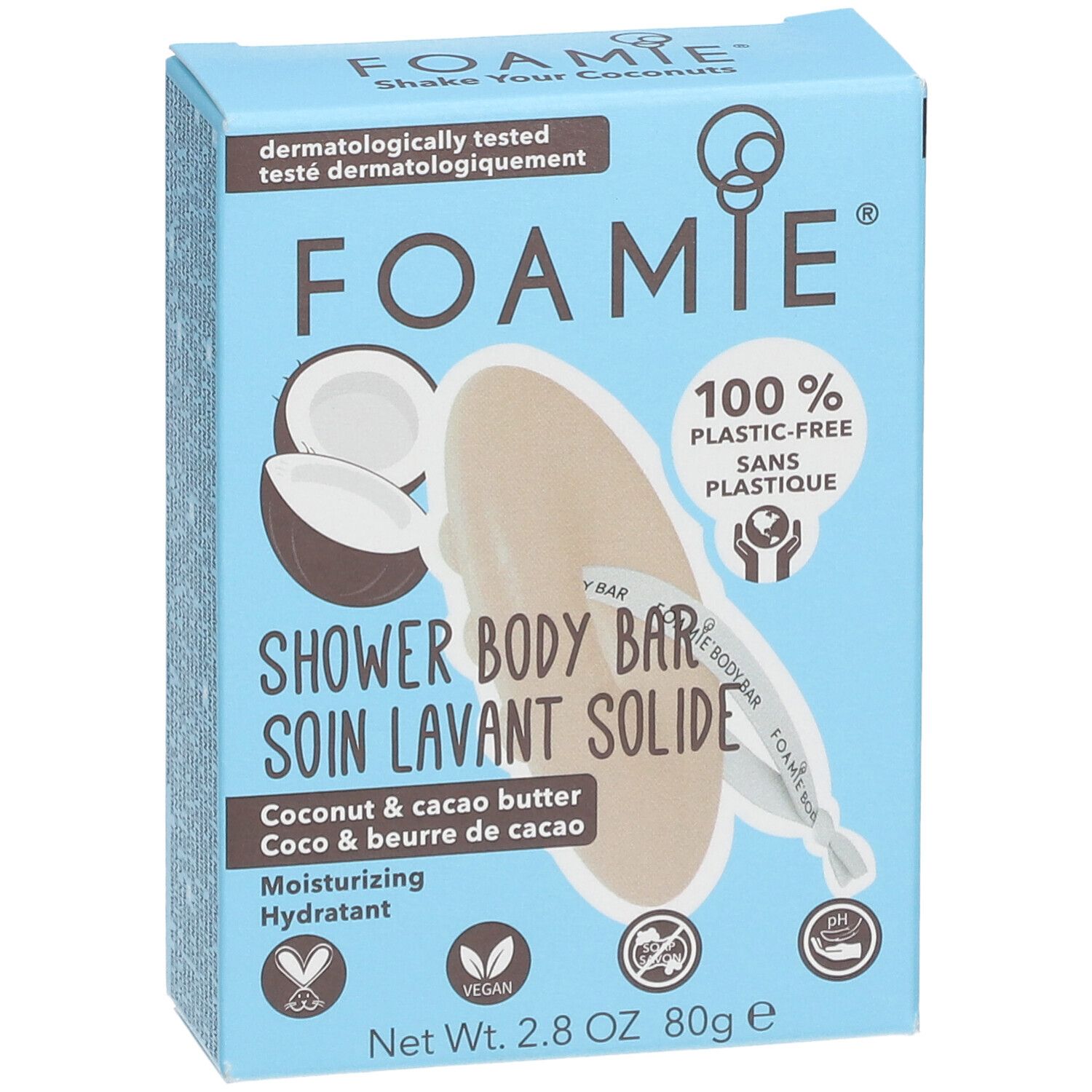 Hellblaue Schachtel mit Produktinformationen. Aufschrift: FOAMIE, SHOWER BODY BAR, Kokosnuss & Kakaobutter. Vegan-Logo.