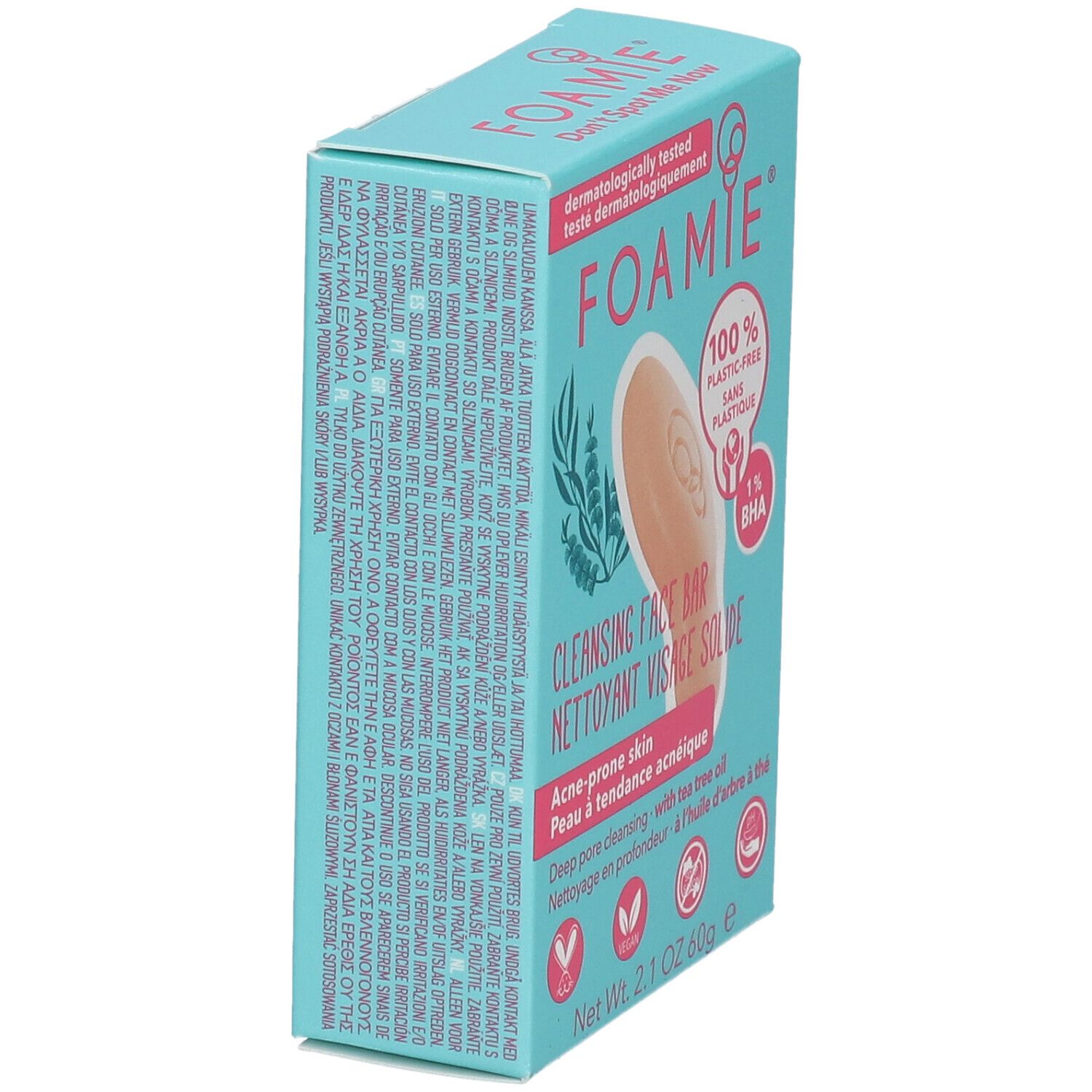 Turquoise doos. Opschrift FOAMIE, 100% plasticvrij. Productnaam en ingrediënten. Voor de onzuivere huid.
