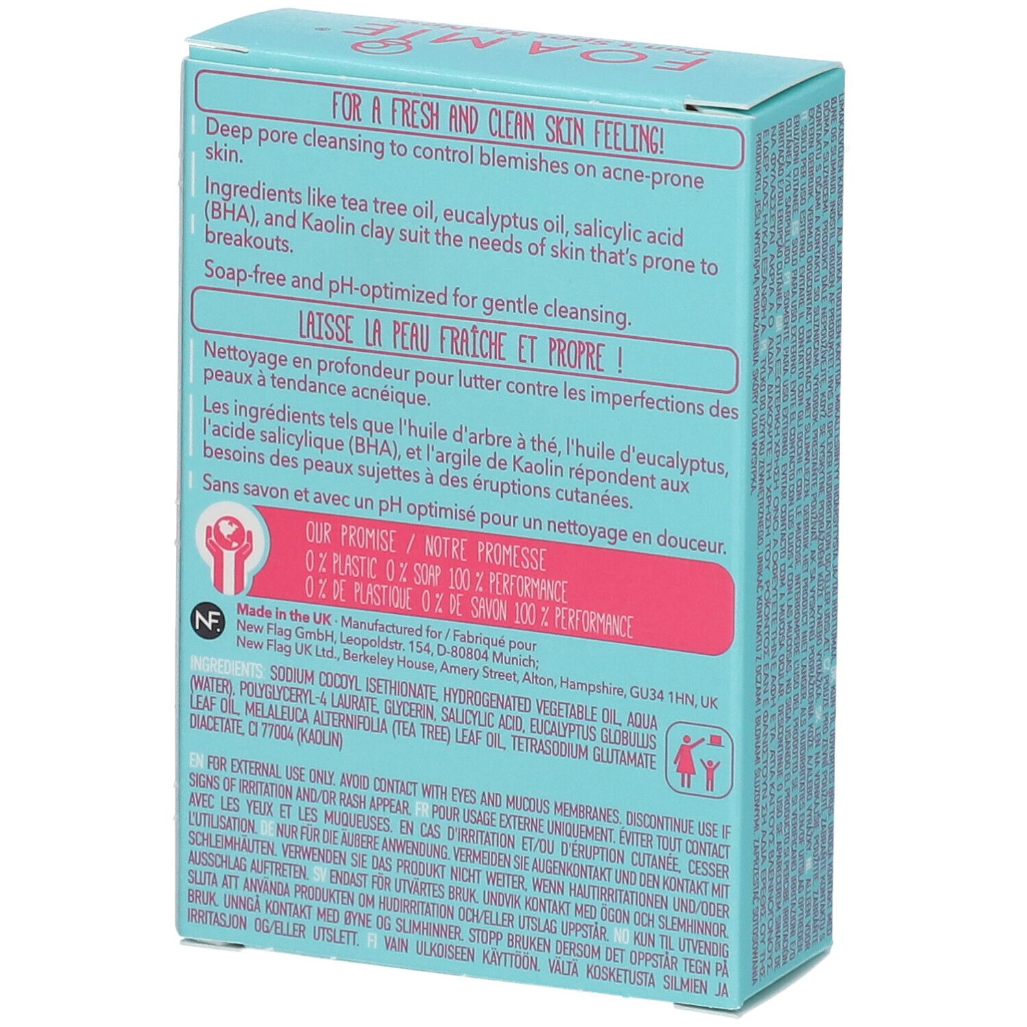 Achterkant van de verpakking. Tekst over ingrediënten en gebruik. Belofte: 100% prestatie. Fabrikantinformatie.