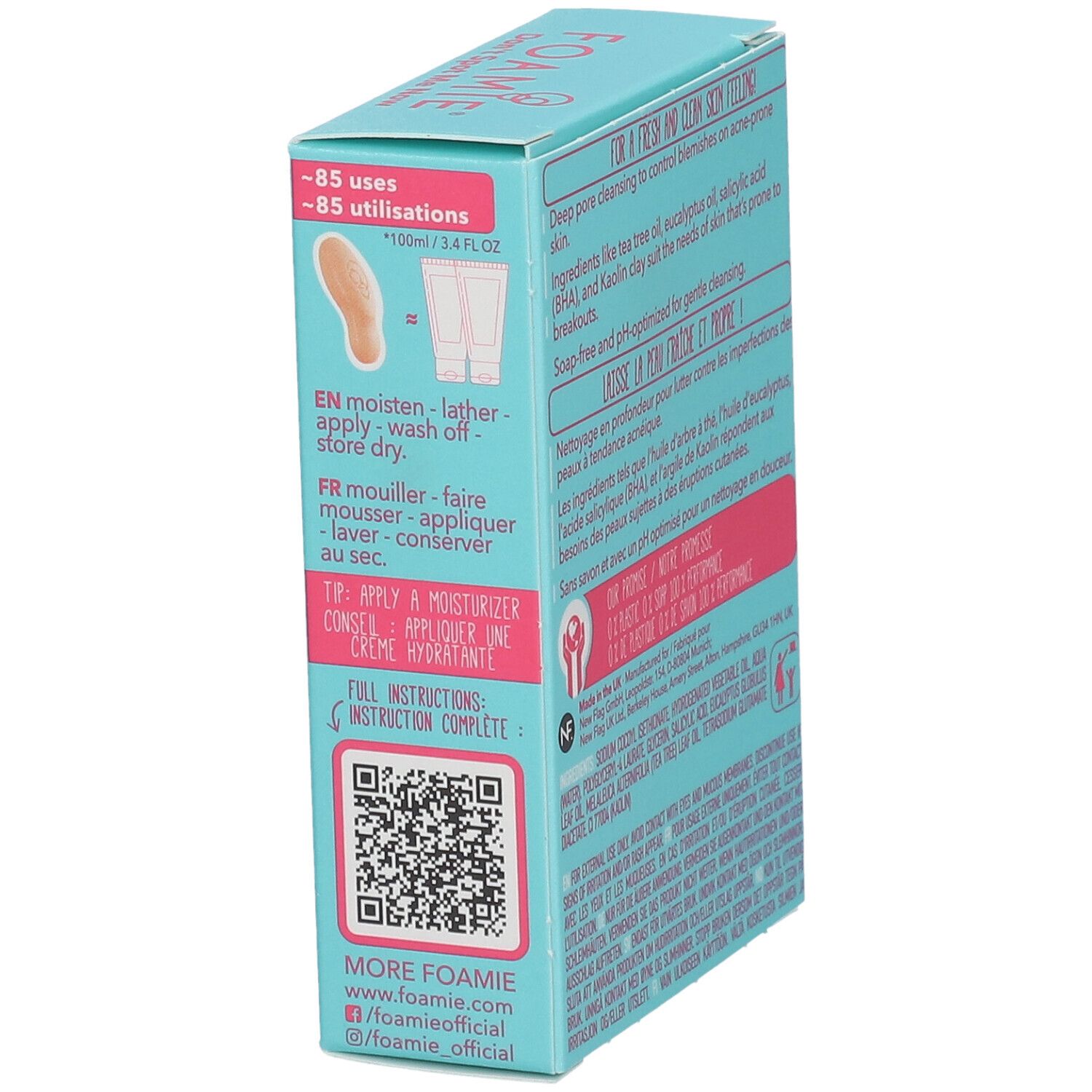 Verpakking met gebruiksaanwijzing en QR-code. Productnaam en logo. Informatie over het gebruik.