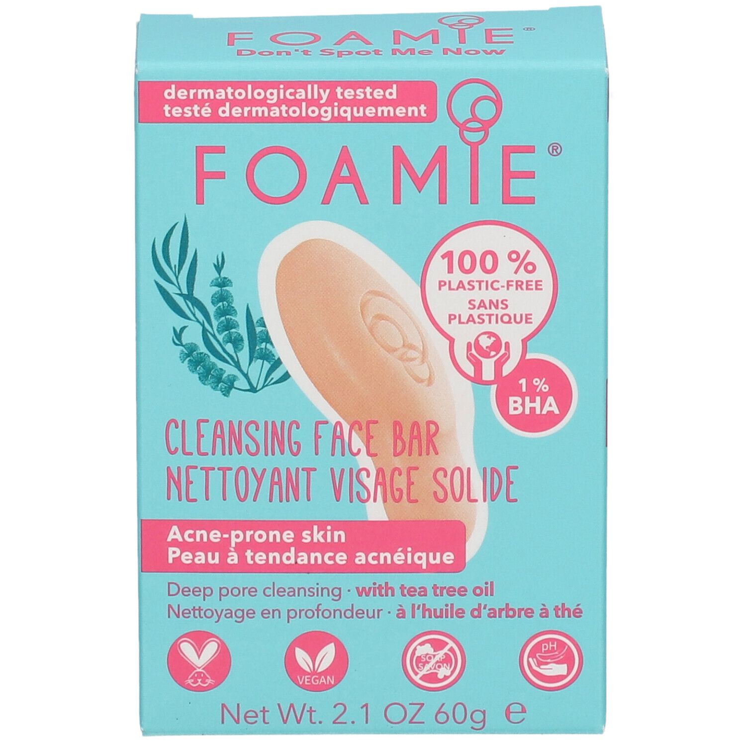 Turquoise verpakking. FOAMIE logo, productnaam en ingrediënten. Voor de onzuivere huid. 100% plasticvrij.
