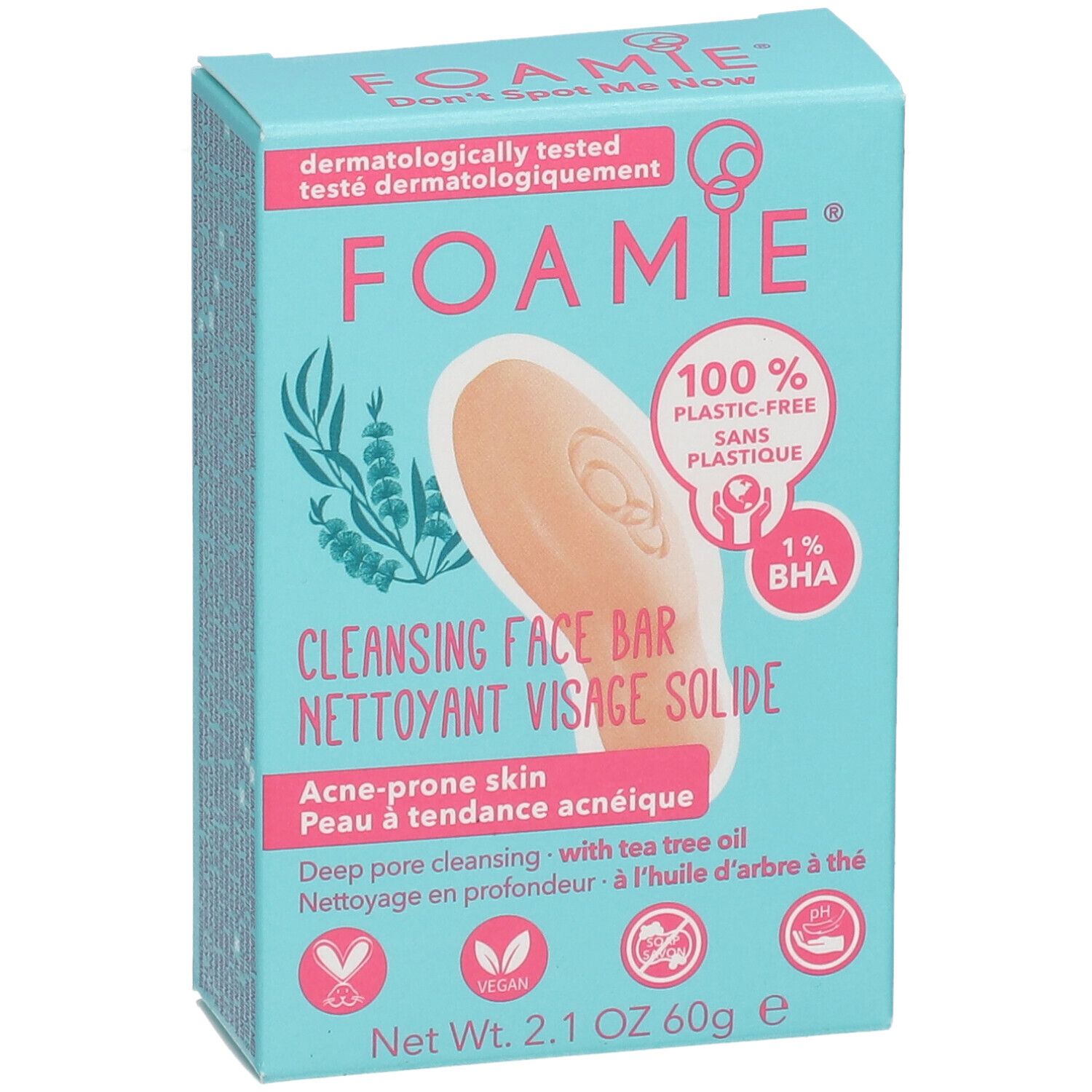 Turquoise verpakking. FOAMIE logo, productnaam en ingrediënten. Voor de onzuivere huid. 100% plasticvrij.