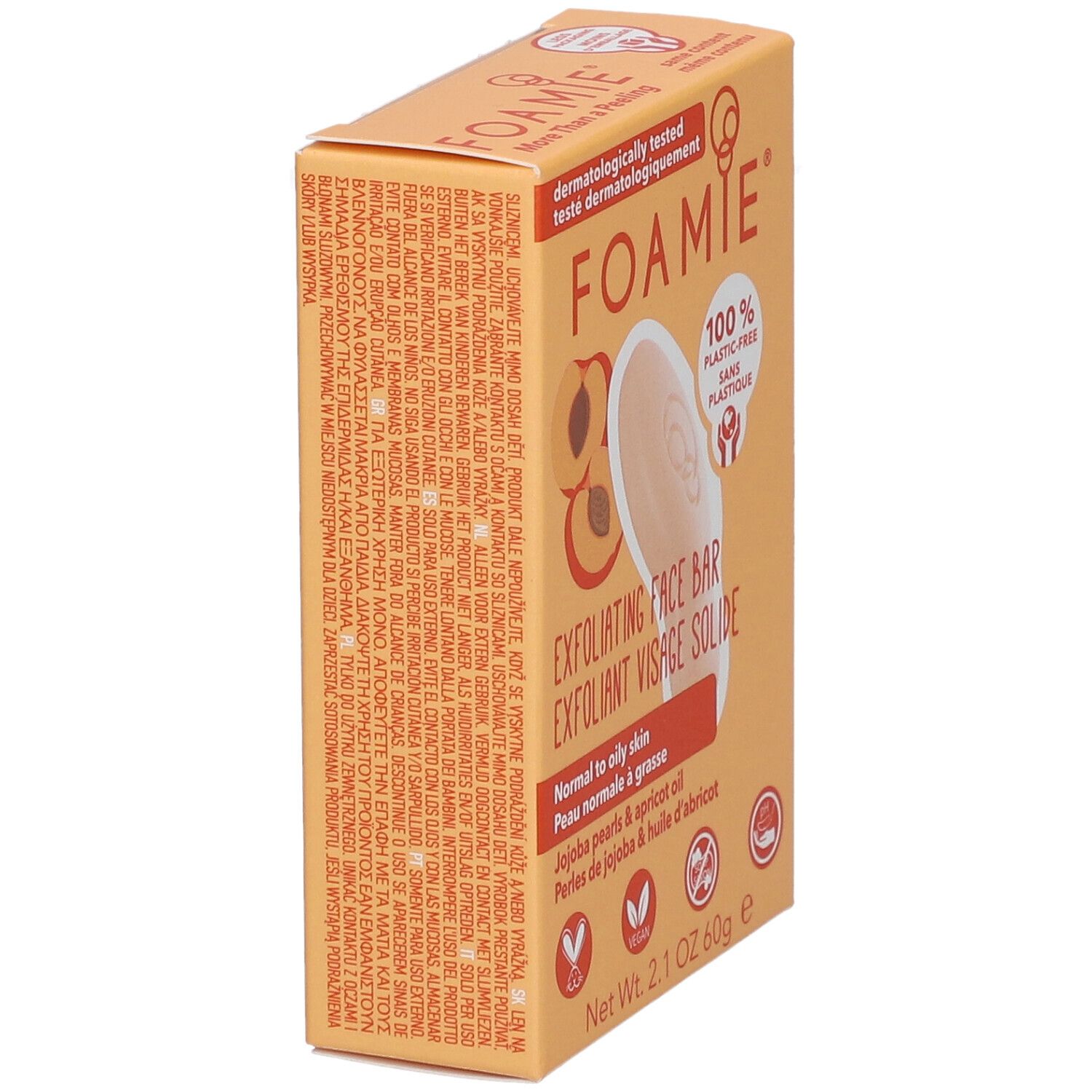 Zijaanzicht van kartonnen verpakking. Opschrift: FOAMIE, Exfoliating Face Bar, Peau normale à grasse. 100% plasticvrij.