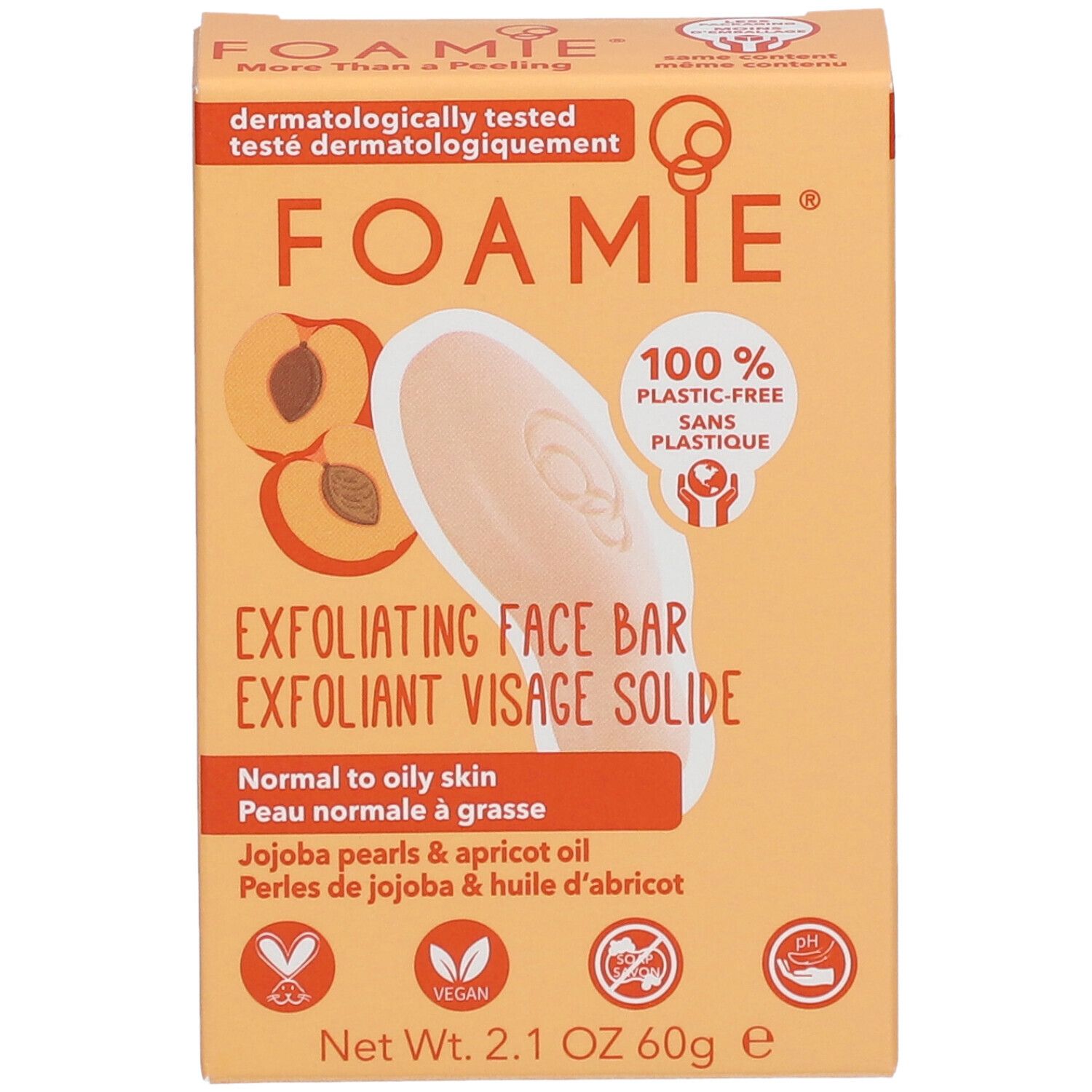 Kartonnen verpakking met product. Opschrift: FOAMIE, Exfoliating Face Bar, Peau normale à grasse. 100% plasticvrij.