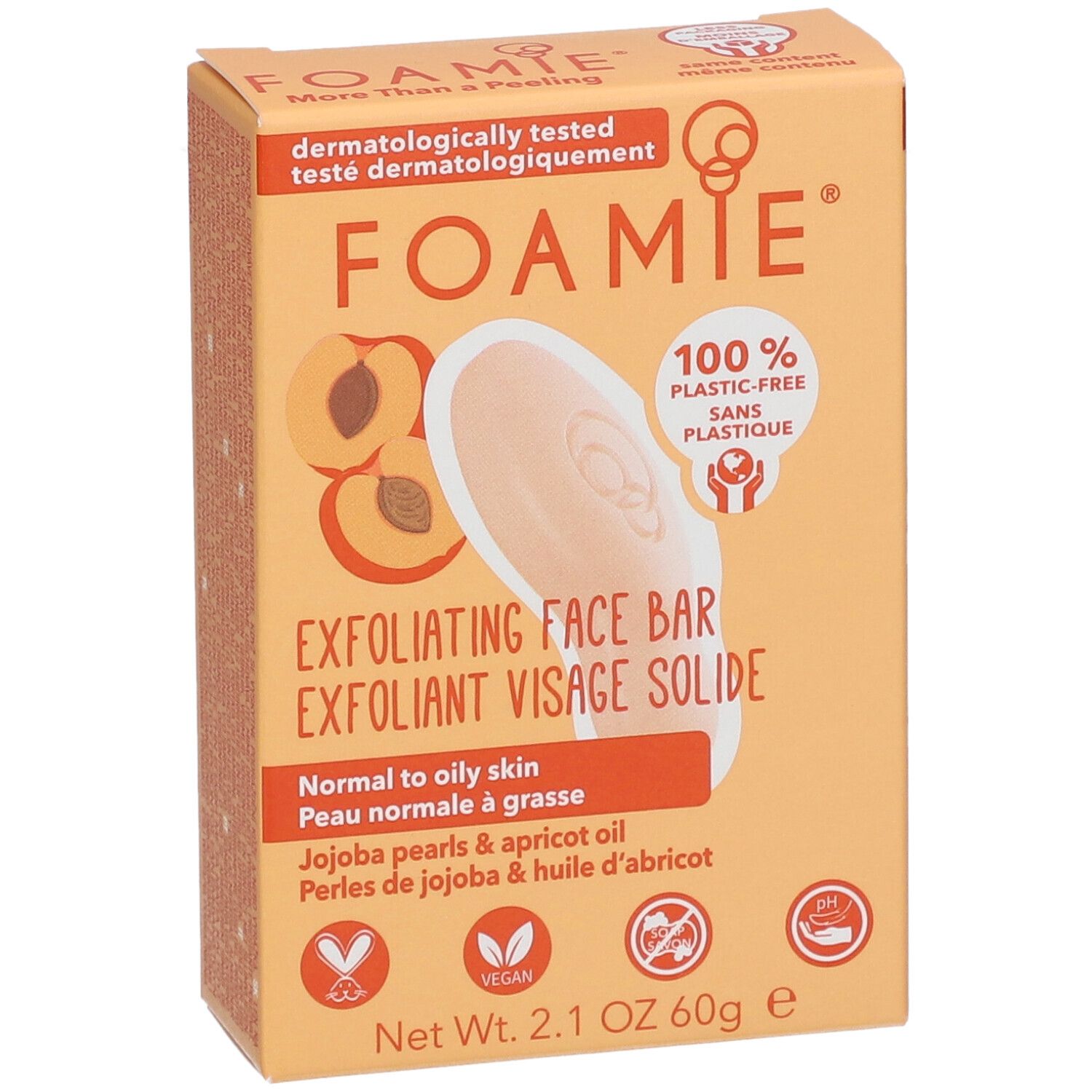 Kartonnen verpakking met product. Opschrift: FOAMIE, Exfoliating Face Bar, Peau normale à grasse. 100% plasticvrij.