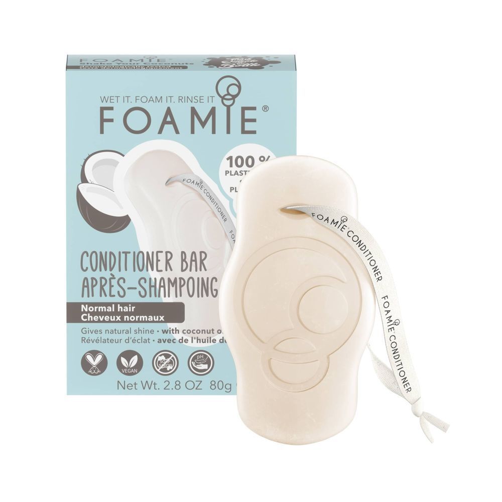 Barre après-shampooing solide avec attache. Sur l'emballage : Foamie, Conditioner Bar, illustration de noix de coco, vegan, 100% sans plastique.