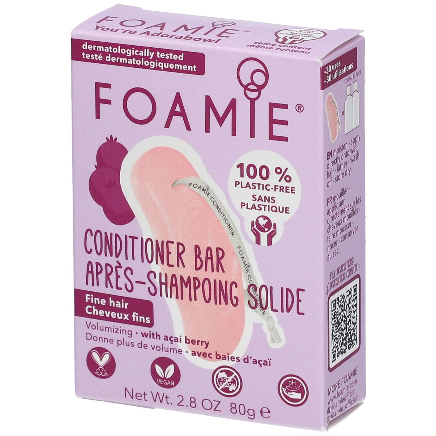 Kartonnen verpakking met conditioner bar. Opschrift FOAMIE, conditioner bar, 100% plasticvrij. Met acai bes. Vegan.