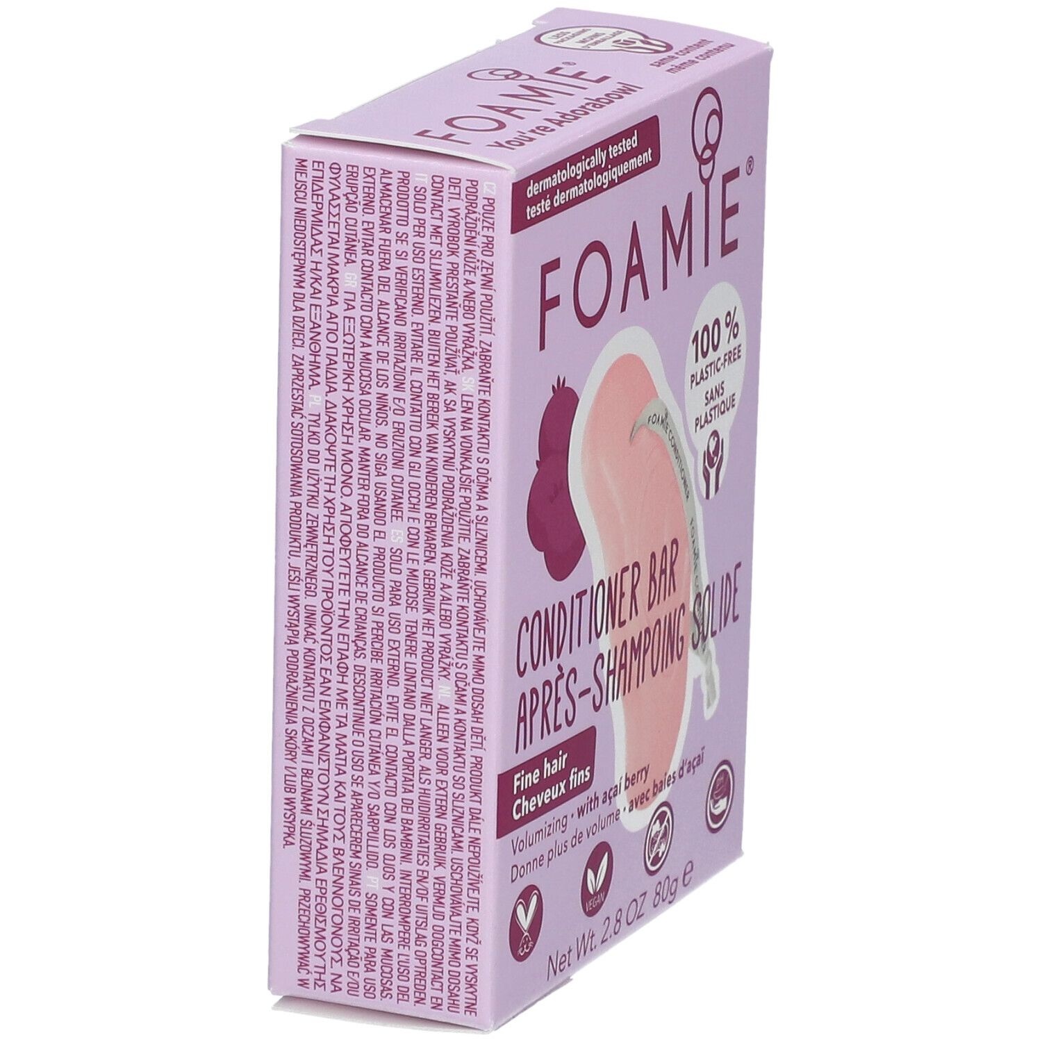 Kartonnen verpakking met conditioner bar. Opschrift FOAMIE, conditioner bar, 100% plasticvrij. Met acai bes. Vegan.