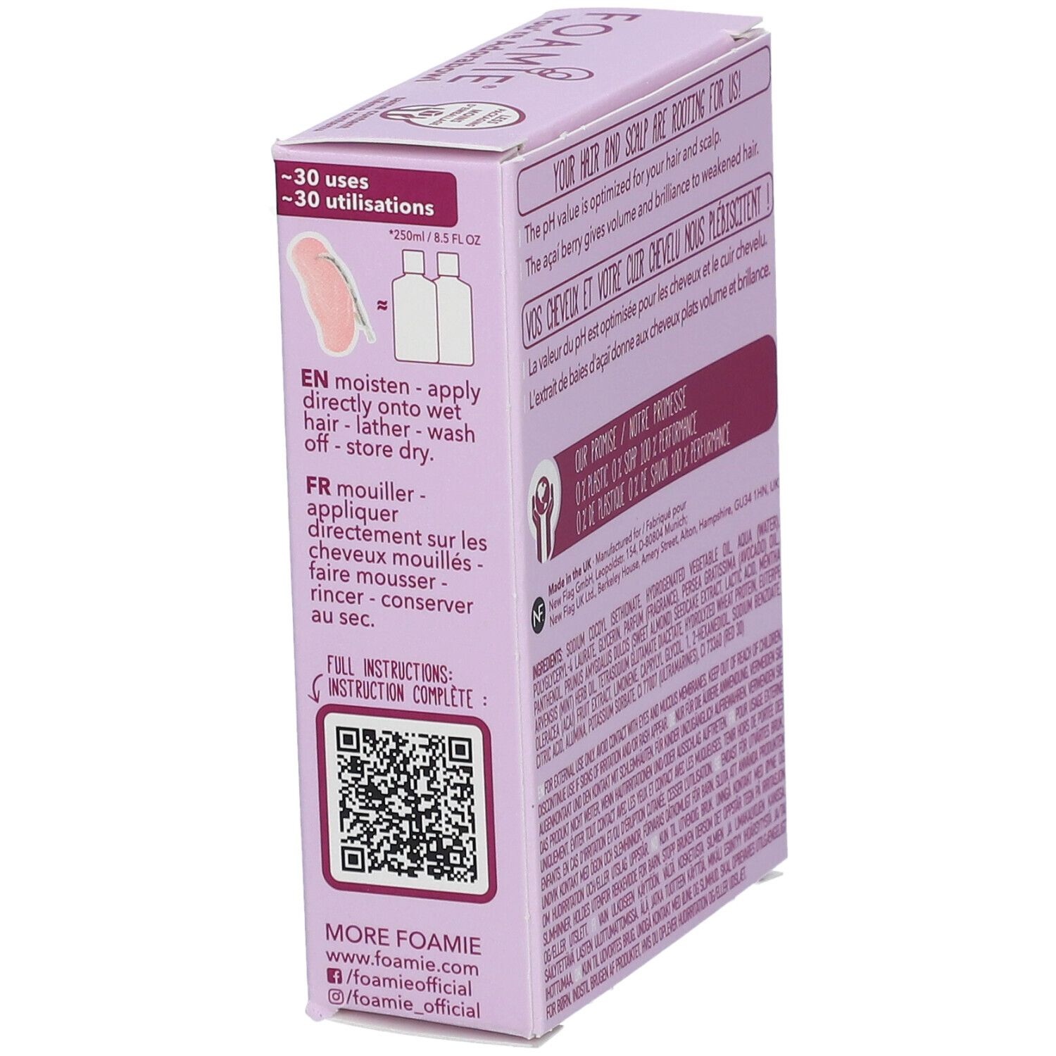 Achterkant van de kartonnen verpakking met gebruiksaanwijzing. Opschrift FOAMIE. QR-code. 30 toepassingen. Vegan.