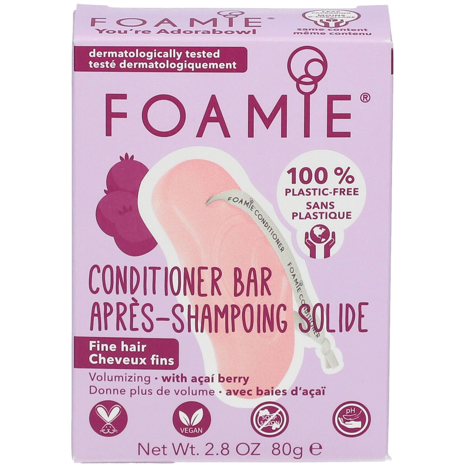 Kartonnen verpakking met conditioner bar. Opschrift FOAMIE, conditioner bar, 100% plasticvrij. Met acai bes. Vegan.