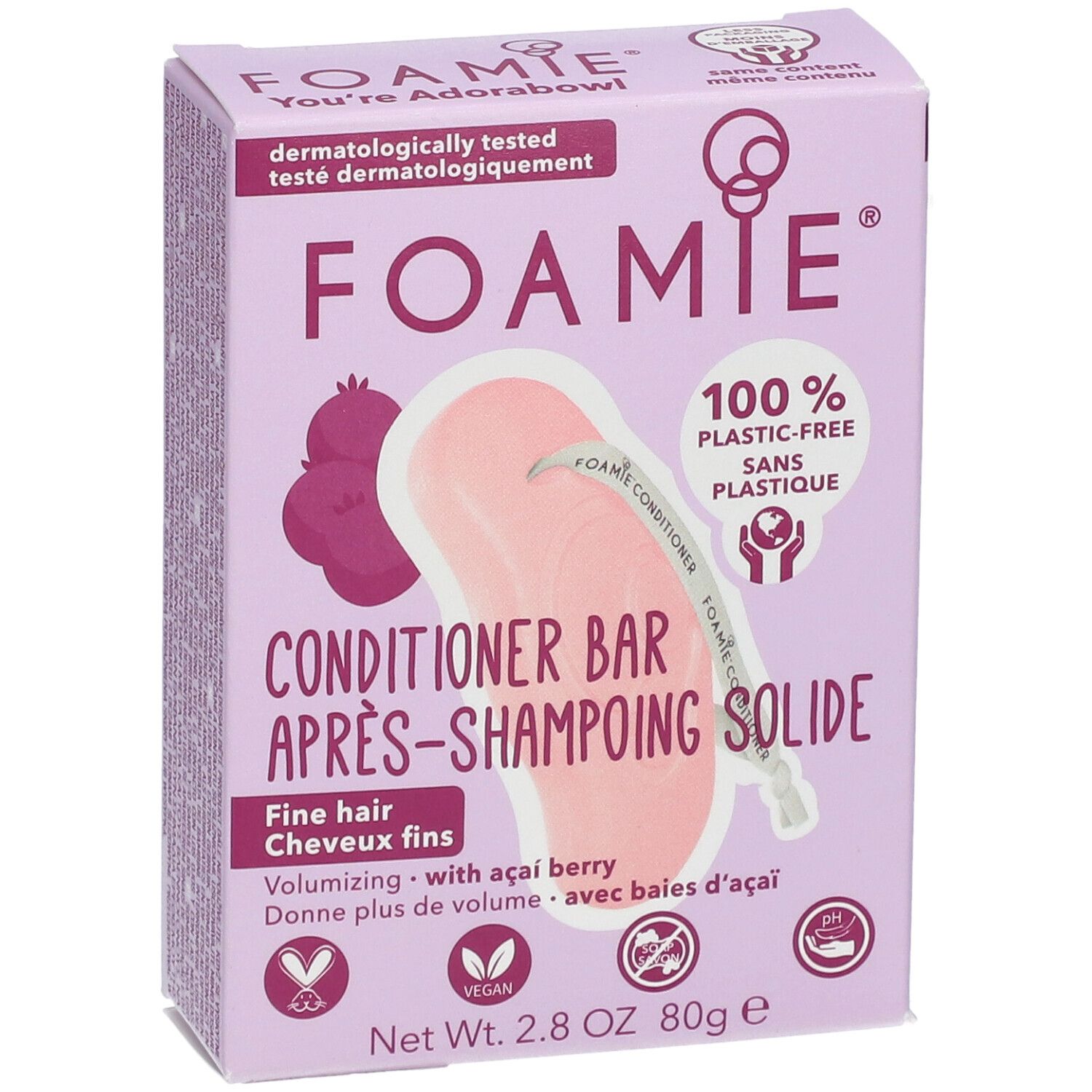 Kartonnen verpakking met conditioner bar. Opschrift FOAMIE, conditioner bar, 100% plasticvrij. Met acai bes. Vegan.
