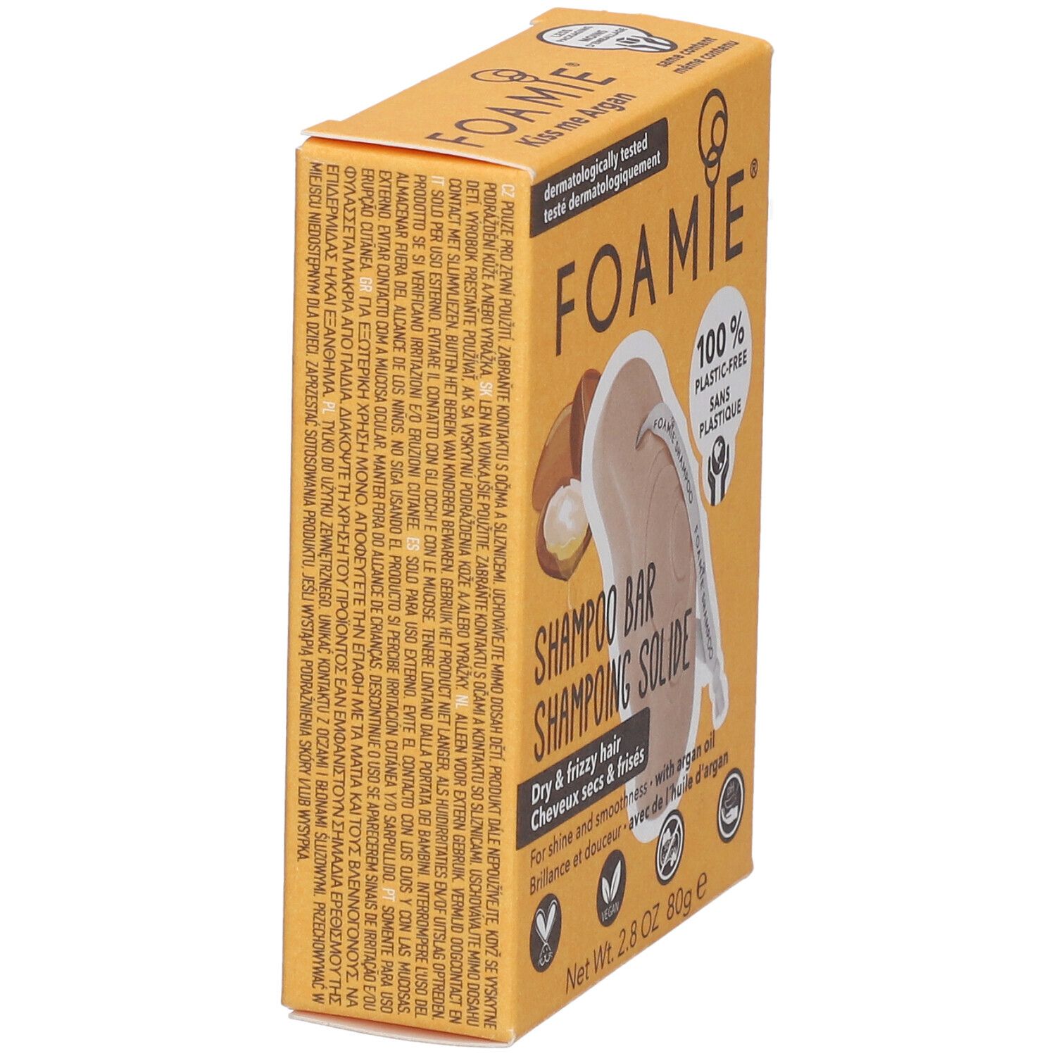 Boîte en carton Shampooing Solide FOAMIE. 100% sans plastique. Pour cheveux secs et frisés. Ingrédients et informations.