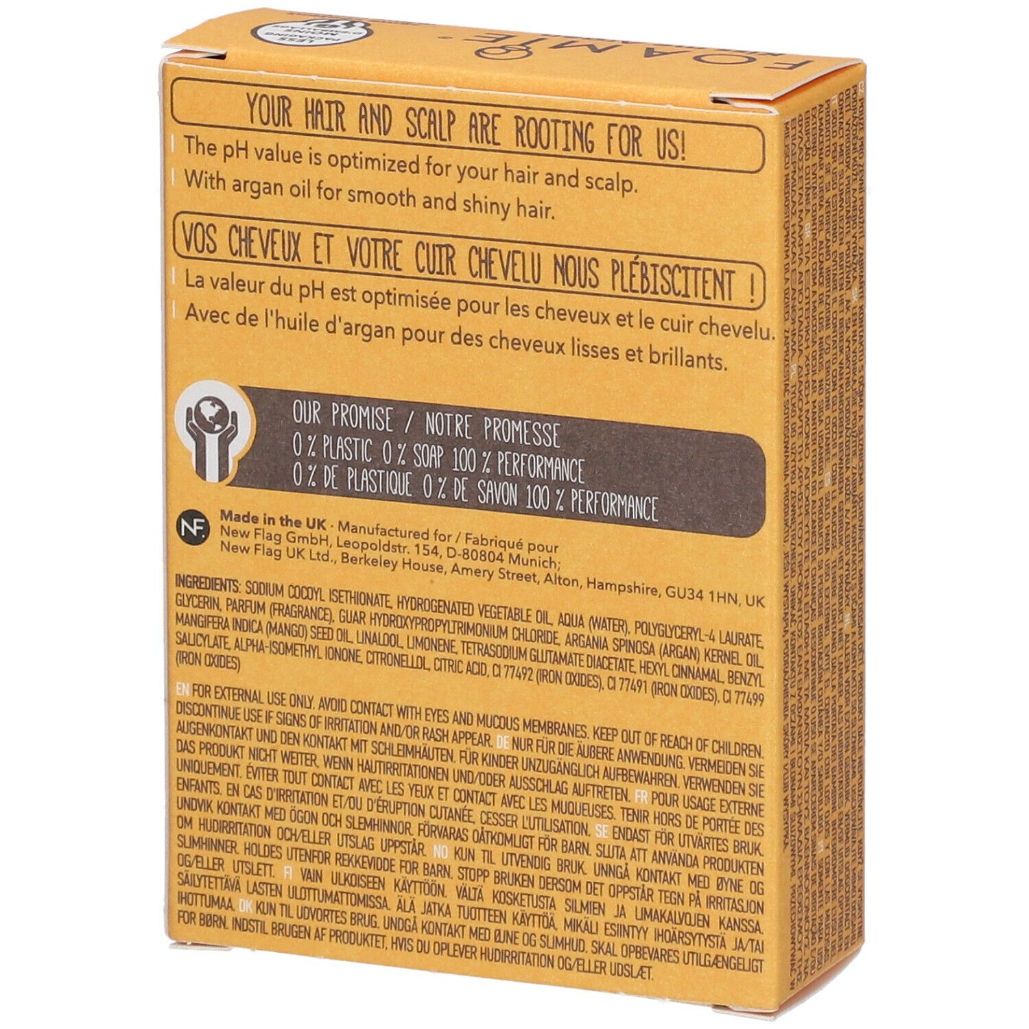 Dos de la boîte en carton. Texte: pH optimisé. Avec huile d'argan pour cheveux brillants. Ingrédients et fabricant.
