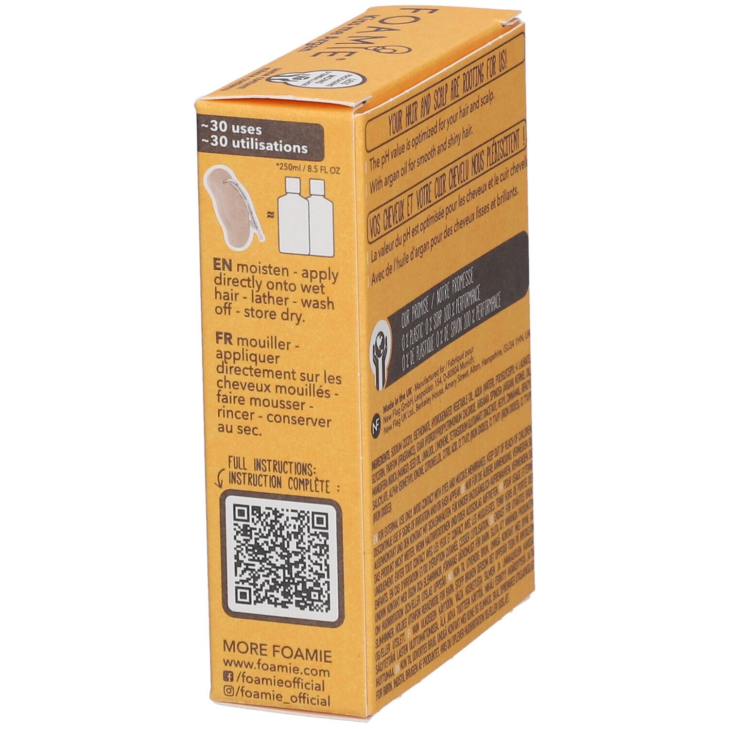Boîte en carton. Texte: 30 utilisations. Instructions: Appliquer sur cheveux mouillés, faire mousser, rincer, sécher.