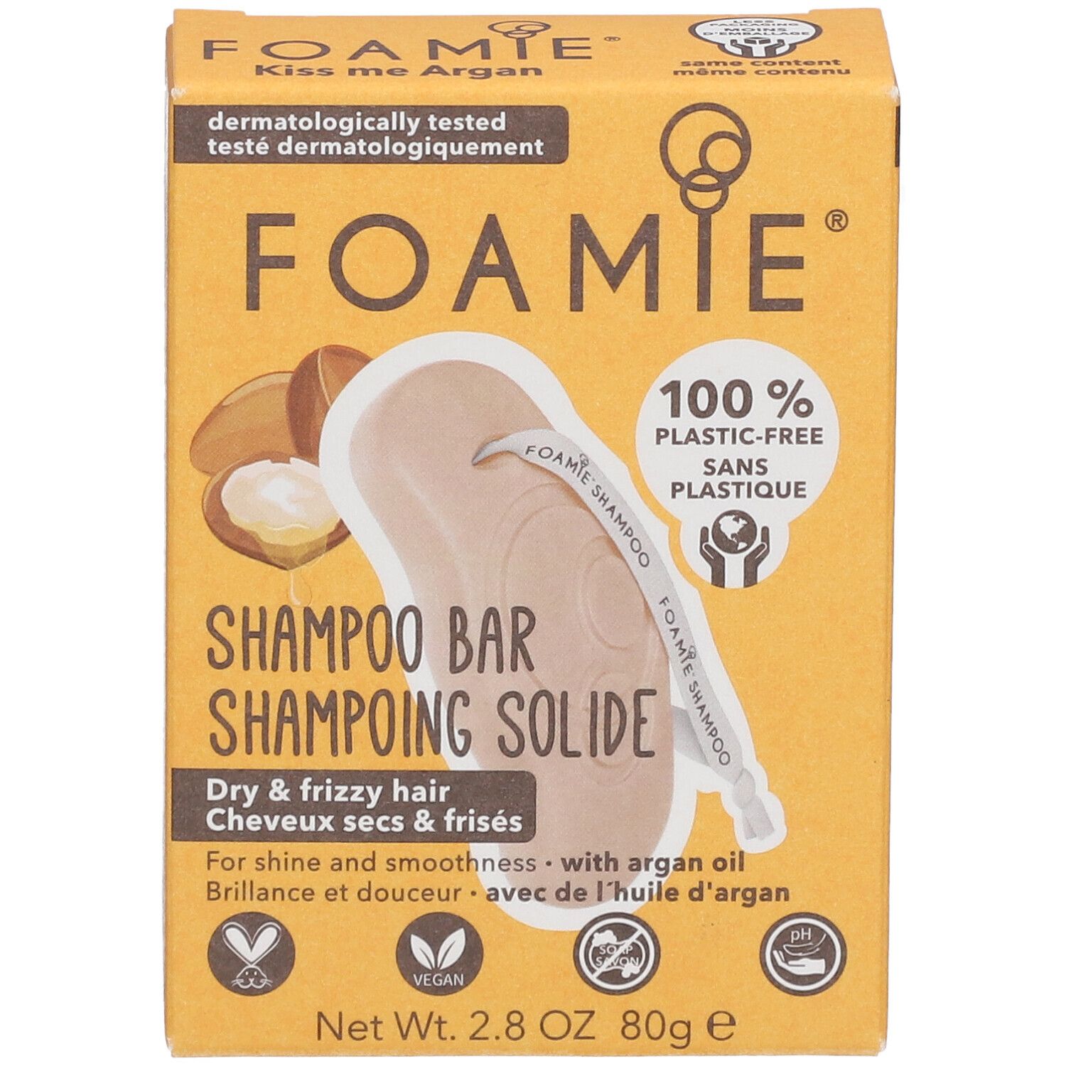Face avant de la boîte. Shampooing Solide FOAMIE, 100% sans plastique. Pour cheveux secs et frisés. Avec huile d'argan.