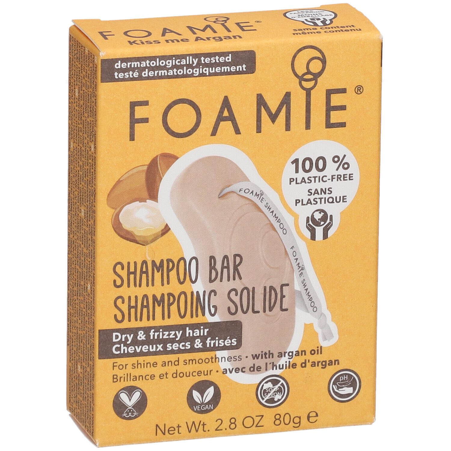 Face avant de la boîte. Shampooing Solide FOAMIE, 100% sans plastique. Pour cheveux secs et frisés. Avec huile d'argan.