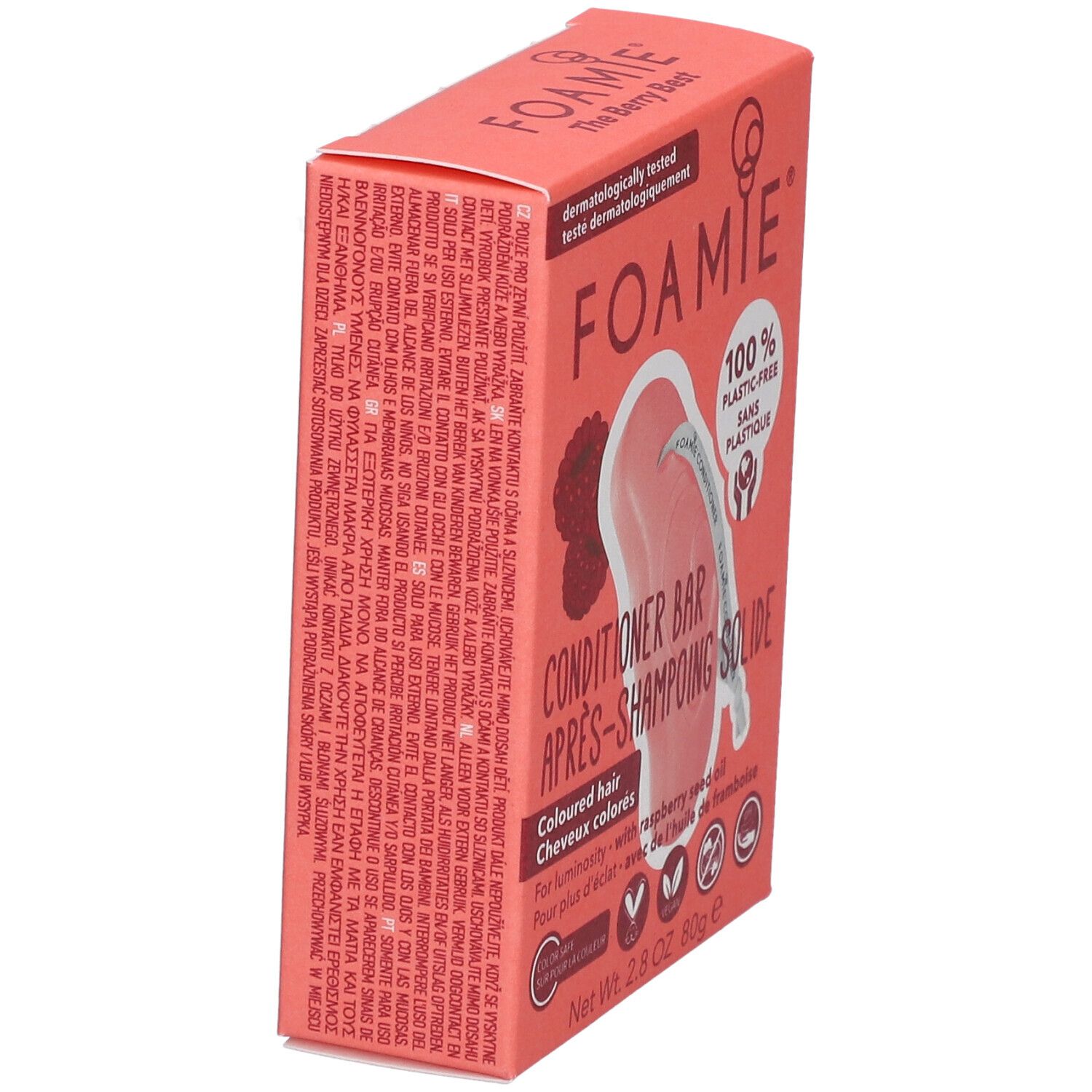 Schuinstaande roze kartonnen verpakking. Opschrift: FOAMIE, Conditioner Bar, 100% plasticvrij. Bevat frambozenpitolie. Vegan.