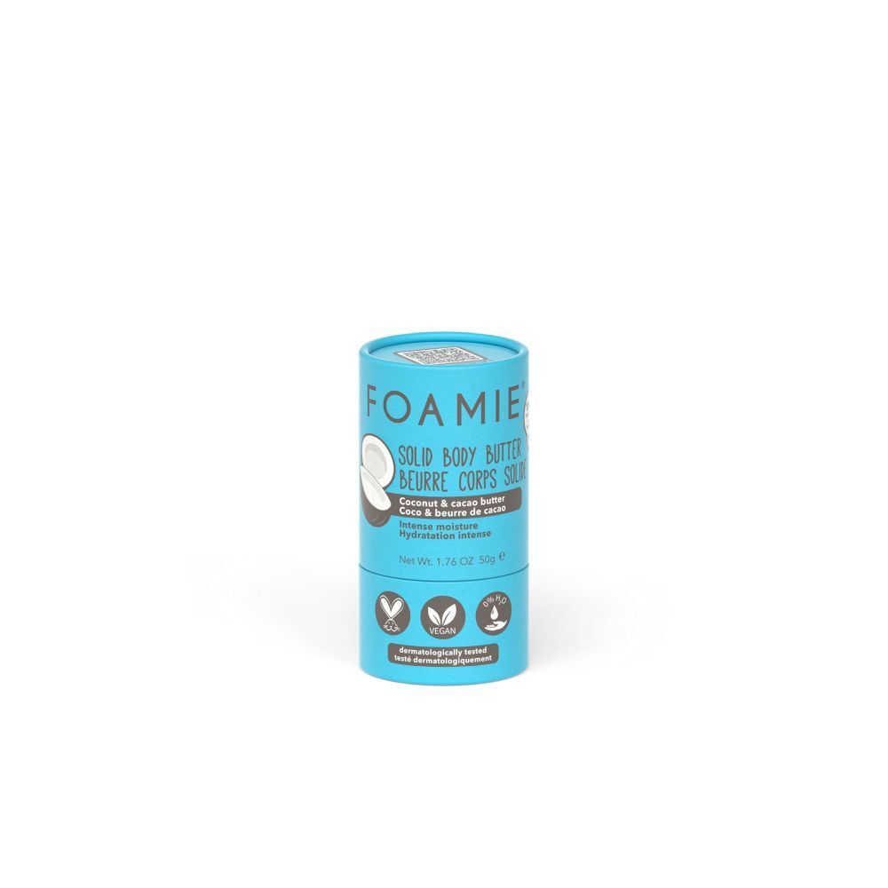 Emballage cylindrique bleu clair. Inscription: FOAMIE, SOLID BODY BUTTER, Coco & beurre de cacao. Végétalien et testé dermatologiquement.