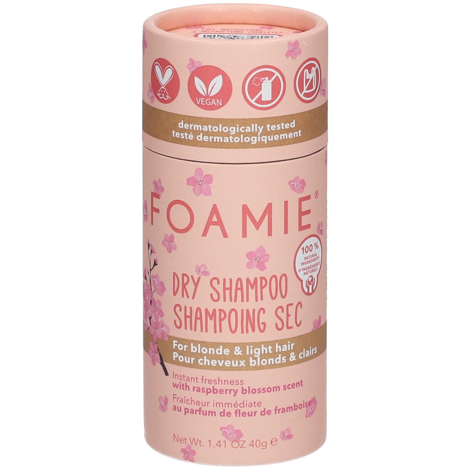 Emballage cylindrique de shampoing sec Foamie®. Rose avec motifs floraux et informations produit. Label végan.