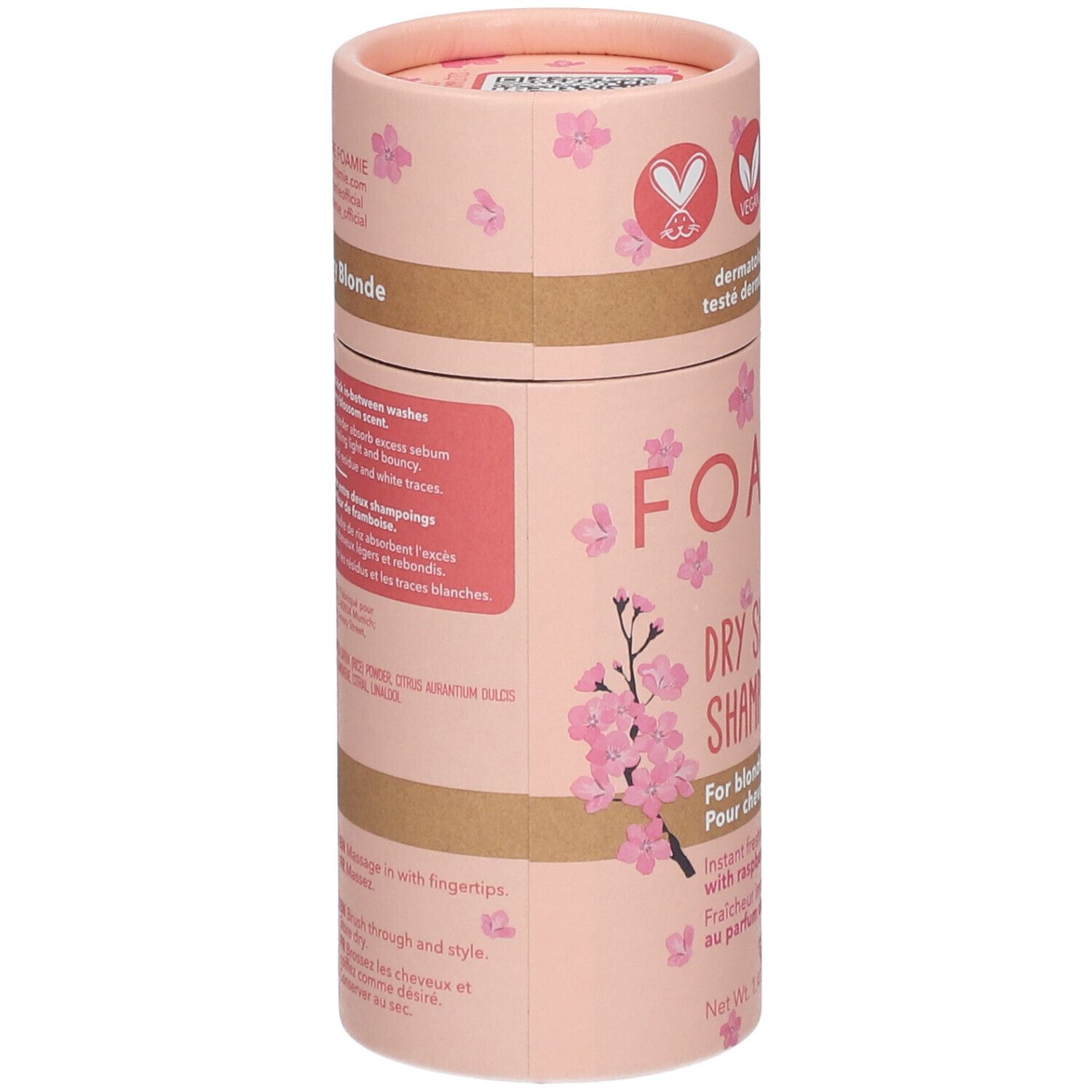 Emballage cylindrique de shampoing sec Foamie®. Rose avec motifs floraux. Informations produit et label végan.