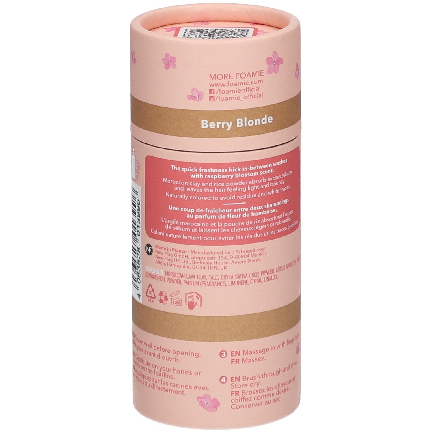 Emballage cylindrique de shampoing sec Foamie®. Rose avec informations produit. Texte: Berry Blonde, ingrédients, utilisation.