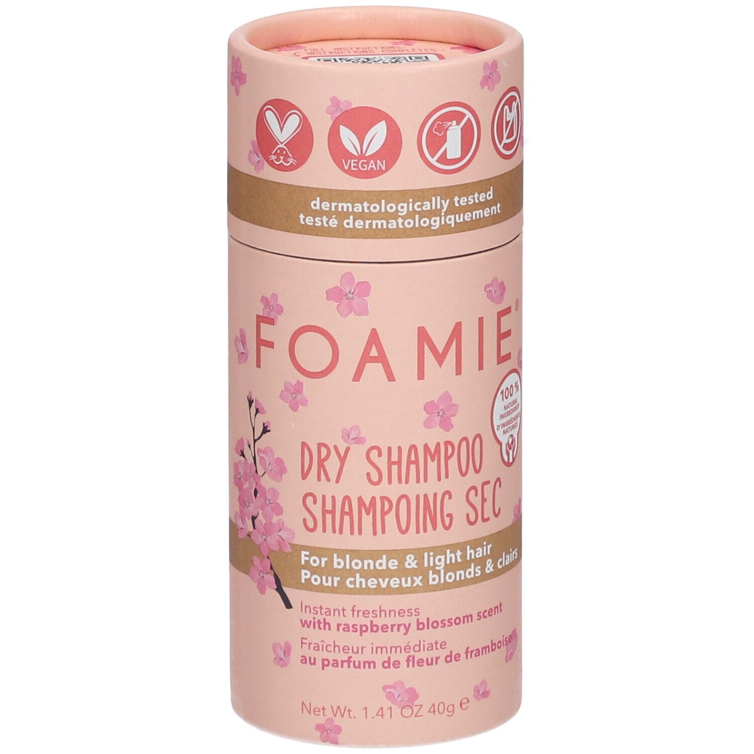 Emballage cylindrique de shampoing sec Foamie®. Rose avec motifs floraux et informations produit. Label végan.
