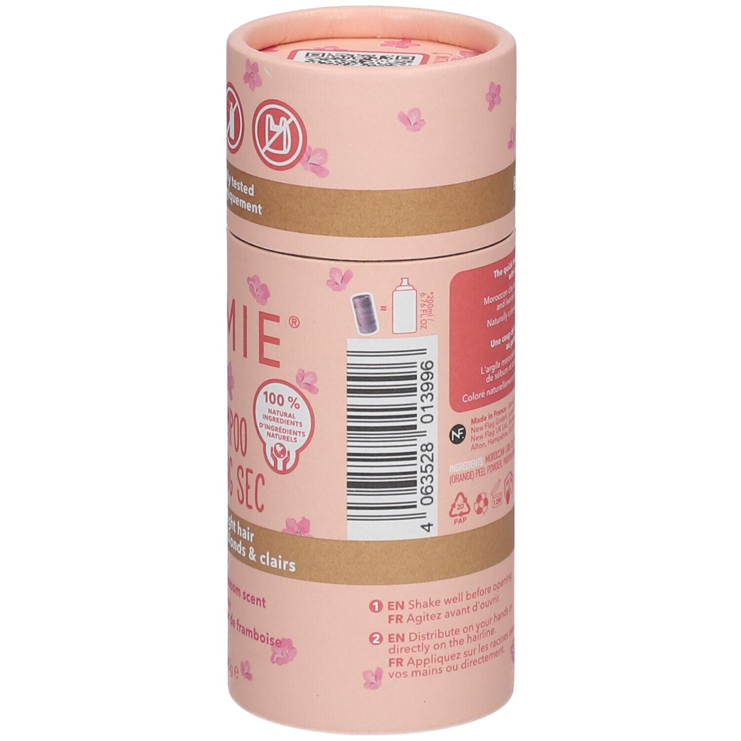 Emballage cylindrique de shampoing sec Foamie®. Rose avec informations produit et code-barres. Label végan.