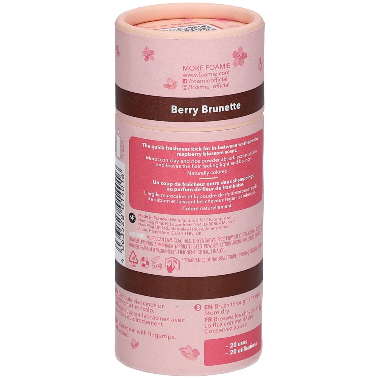 Dos de l'emballage cylindrique. Texte: Berry Brunette. Ingrédients. Instructions en anglais et français. Label vegan.