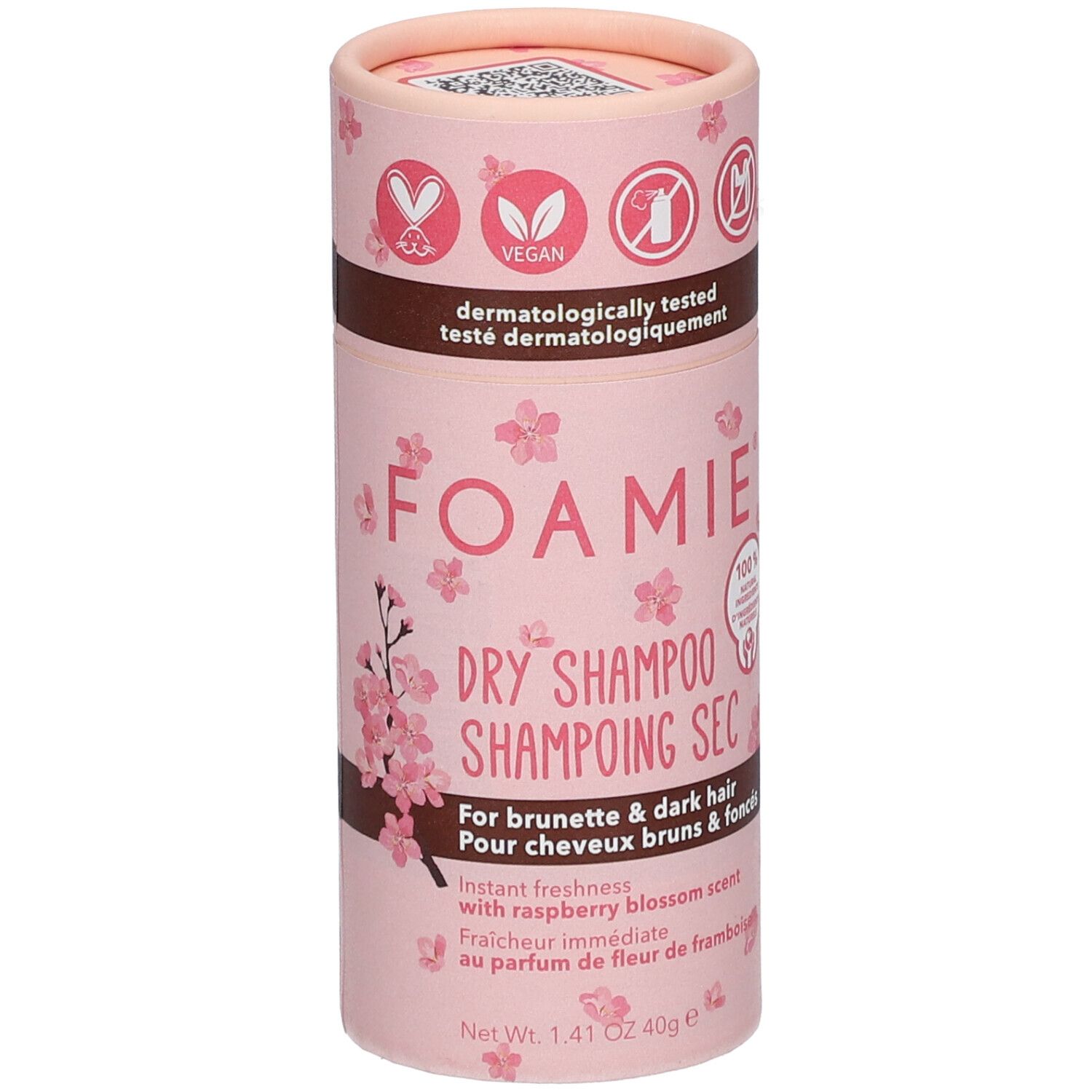 Emballage cylindrique rose. Inscription: FOAMIE, Shampoing Sec, pour cheveux bruns. Label vegan. Ingrédients 100% d'origine naturelle.
