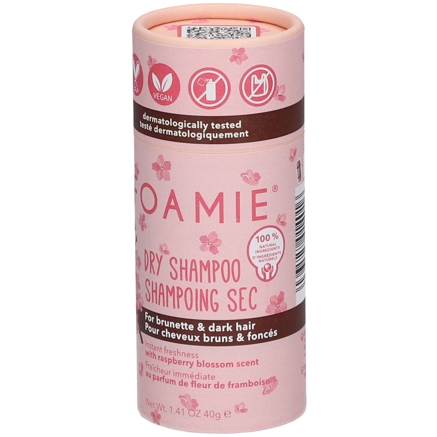 Emballage cylindrique rose. Inscription: FOAMIE, Shampoing Sec, pour cheveux bruns. Label vegan. Ingrédients 100% d'origine naturelle.