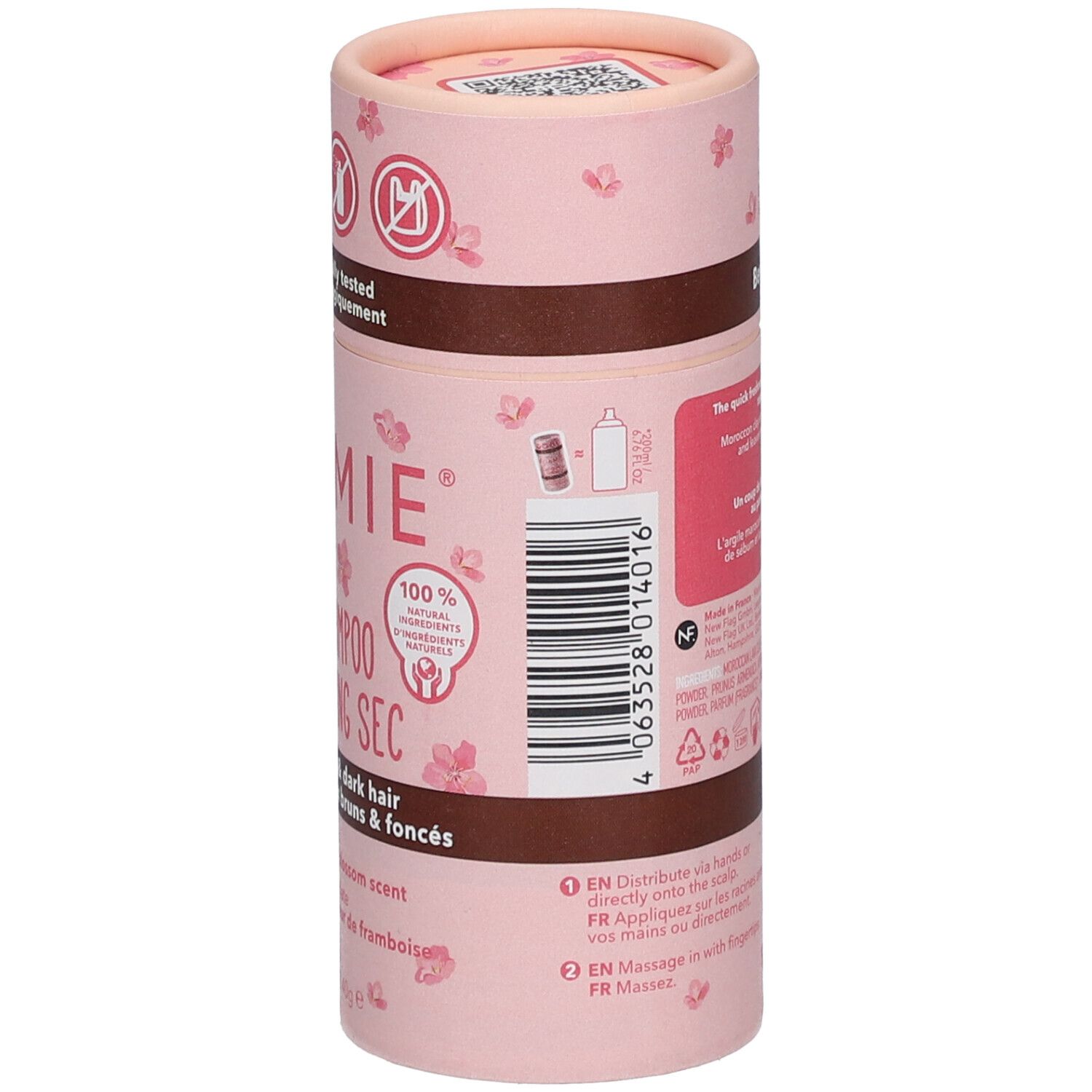 Dos de l'emballage cylindrique. Inscription: FOAMIE, Shampoing Sec, pour cheveux bruns. Ingrédients 100% naturels. Instructions d'utilisation.