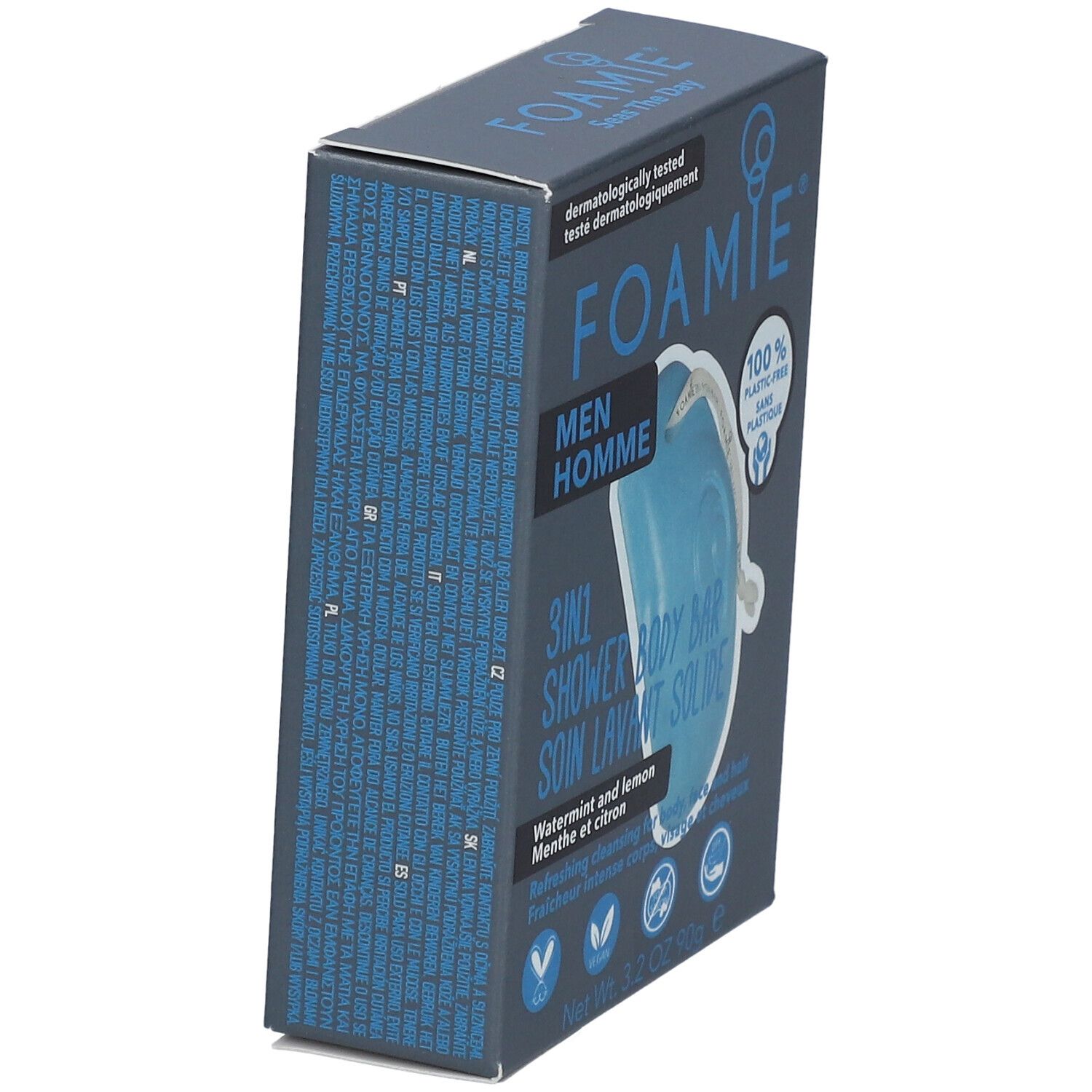 Boîte inclinée avec logo FOAMIE et informations produit. Contient un pain de douche solide 3-en-1 bleu. Texte: Men Homme, Watermint & Lemon.